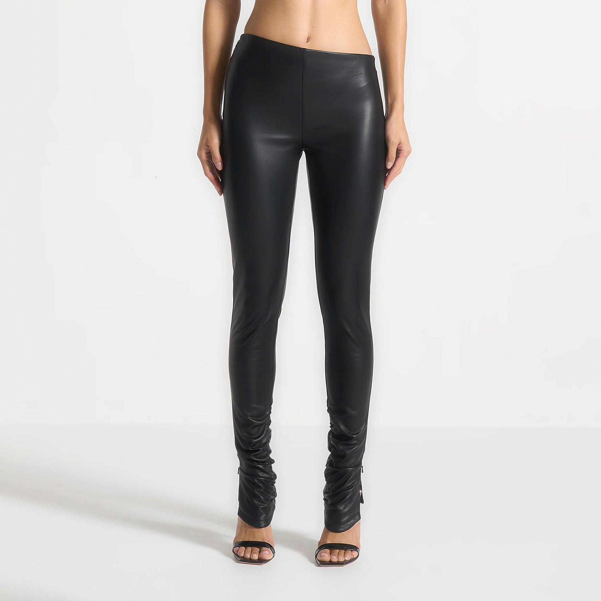 Black - Maniere De Voir - Women’s Leather Angled Waistband Leggings - 1