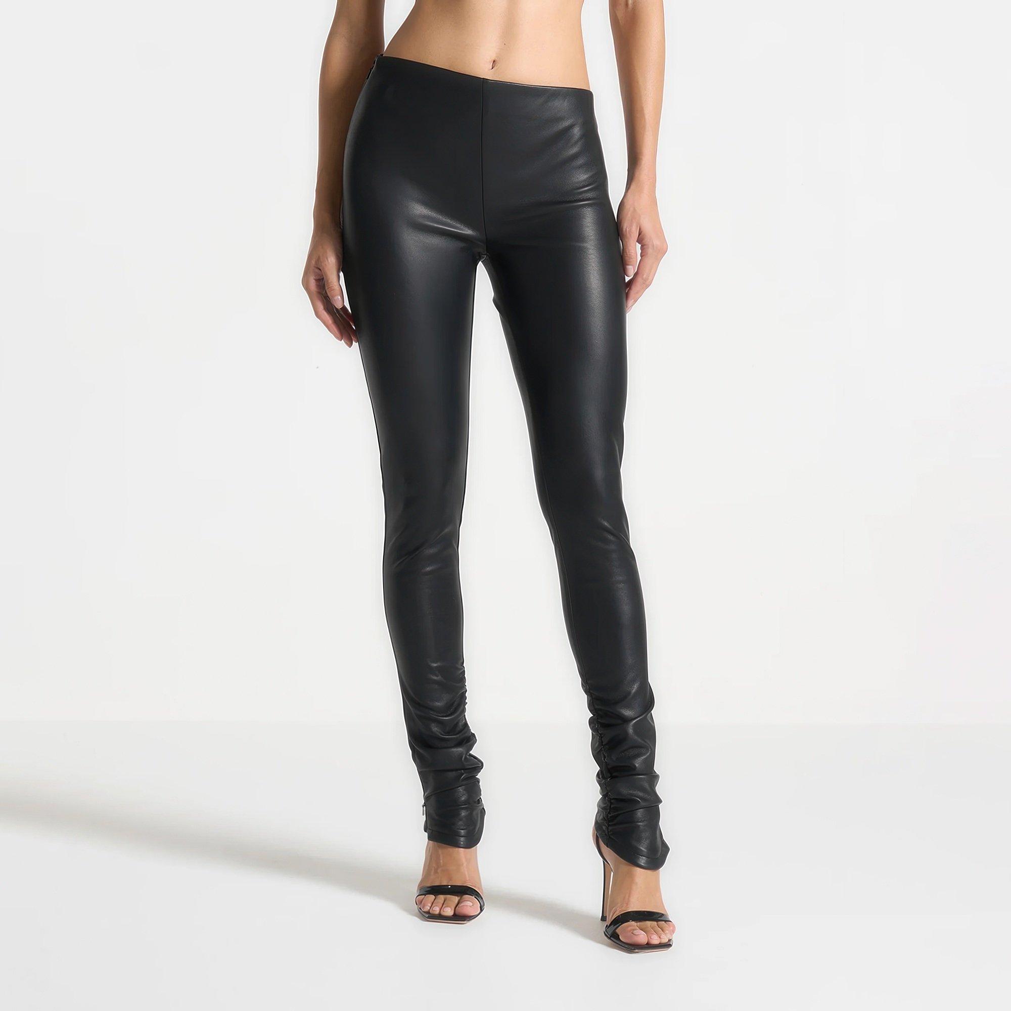 Black - Maniere De Voir - Women’s Leather Angled Waistband Leggings - 6