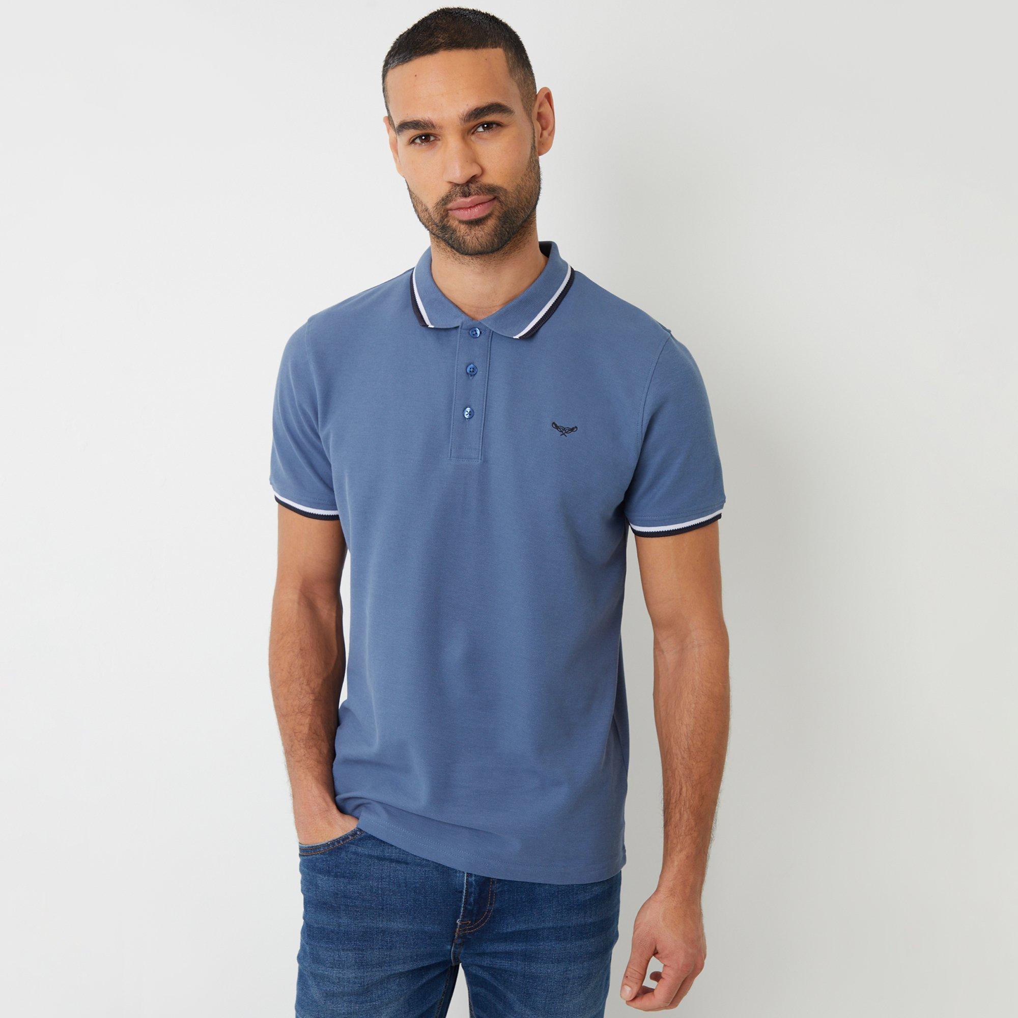 Blue - Threadbare - Dorry Herringbone Tipping Cotton Pique Polo Shir - 1