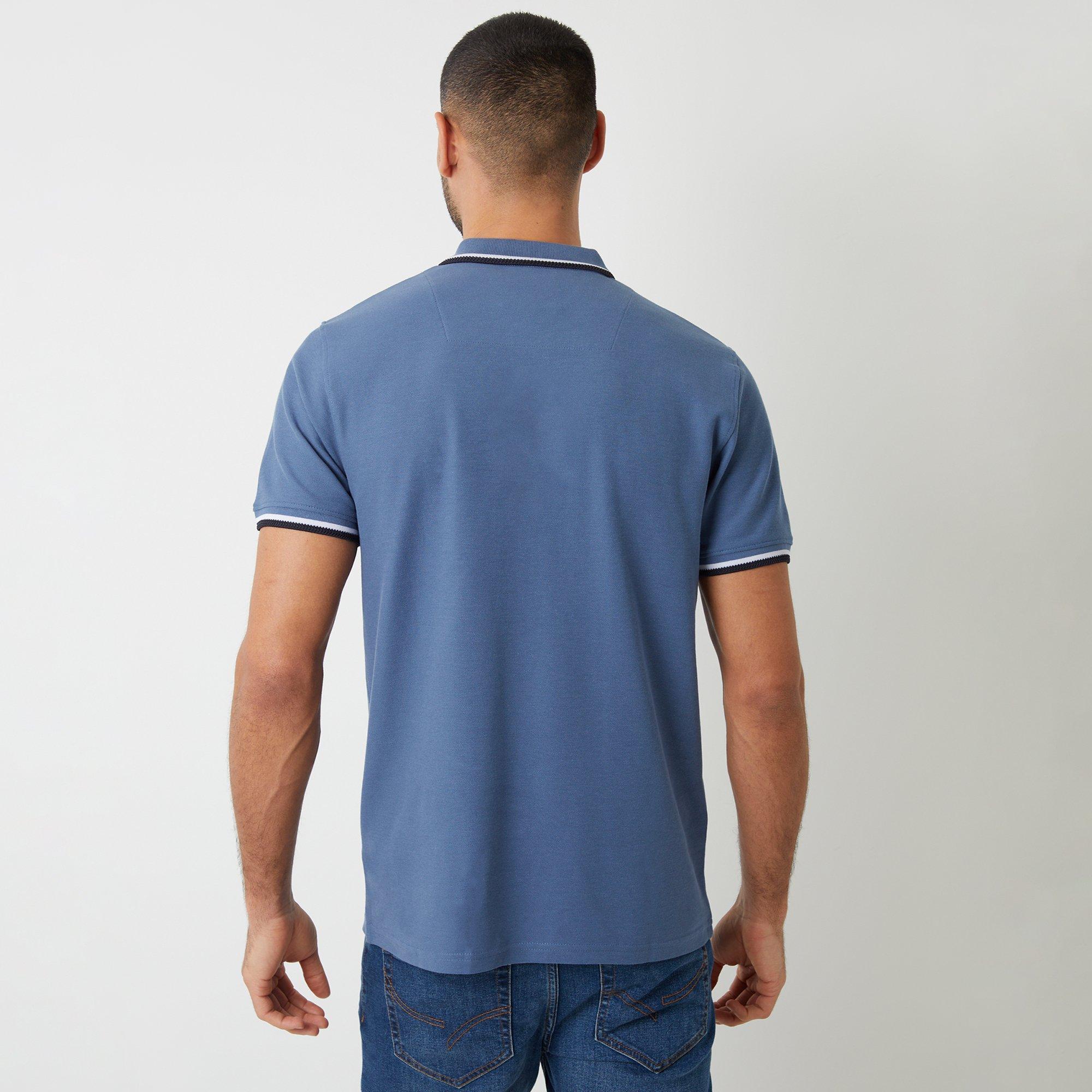 Blue - Threadbare - Dorry Herringbone Tipping Cotton Pique Polo Shir - 2