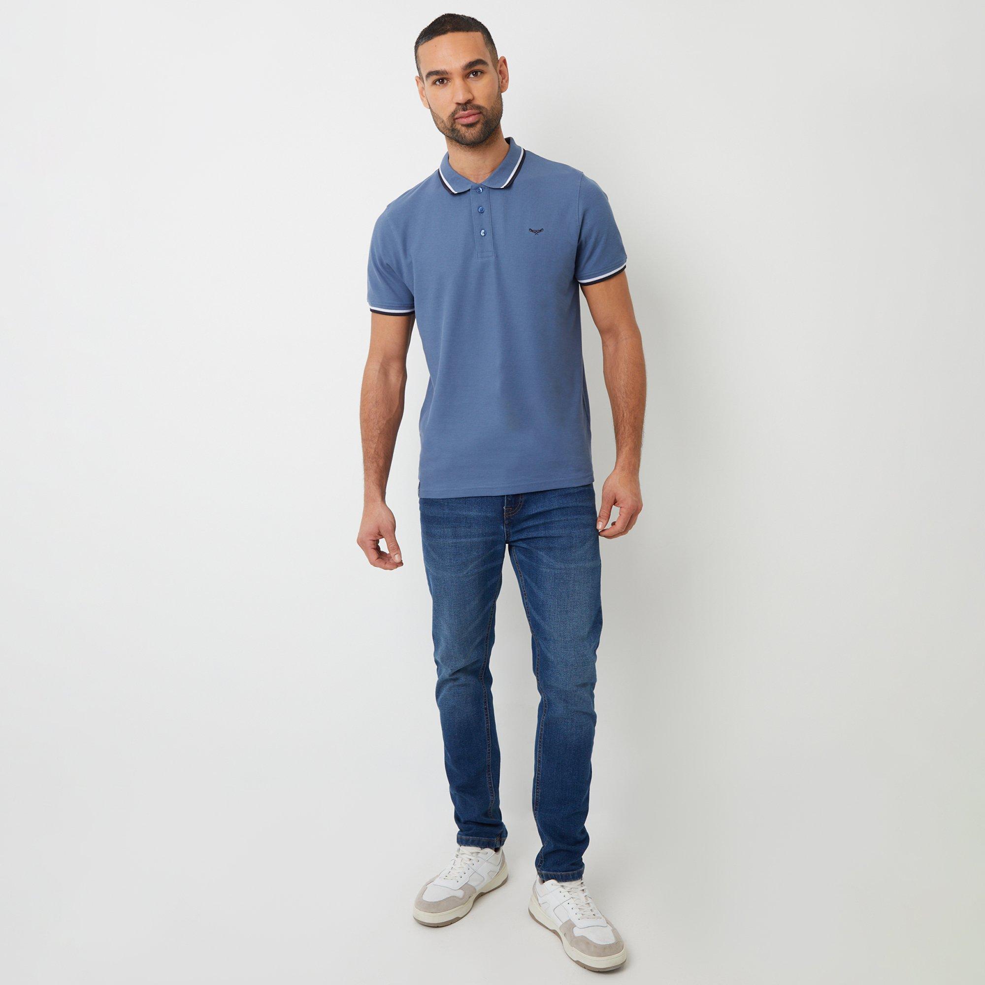 Blue - Threadbare - Dorry Herringbone Tipping Cotton Pique Polo Shir - 3