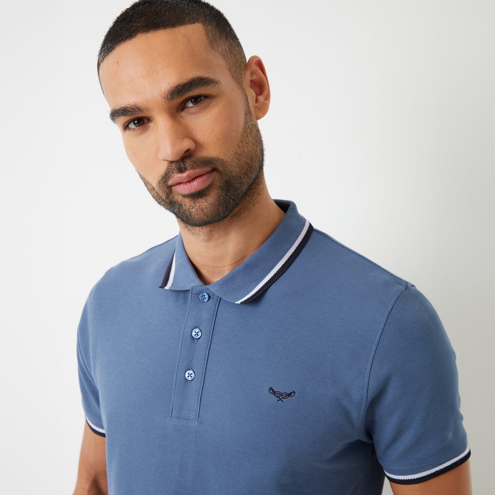 Blue - Threadbare - Dorry Herringbone Tipping Cotton Pique Polo Shir - 4