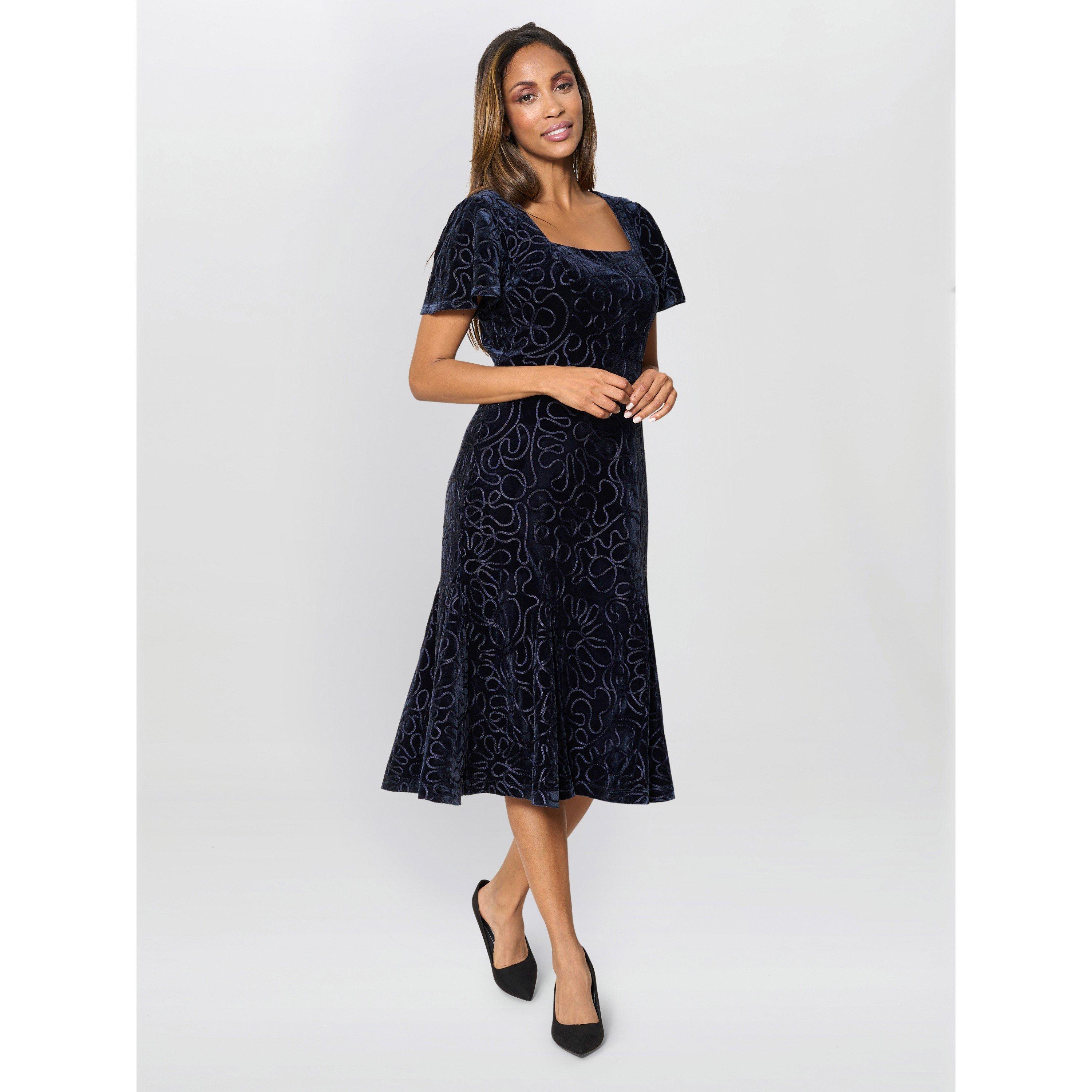 Navy - Gina Bacconi - Women's Ray Velvet Midi Fit and Flare Dress - 4
