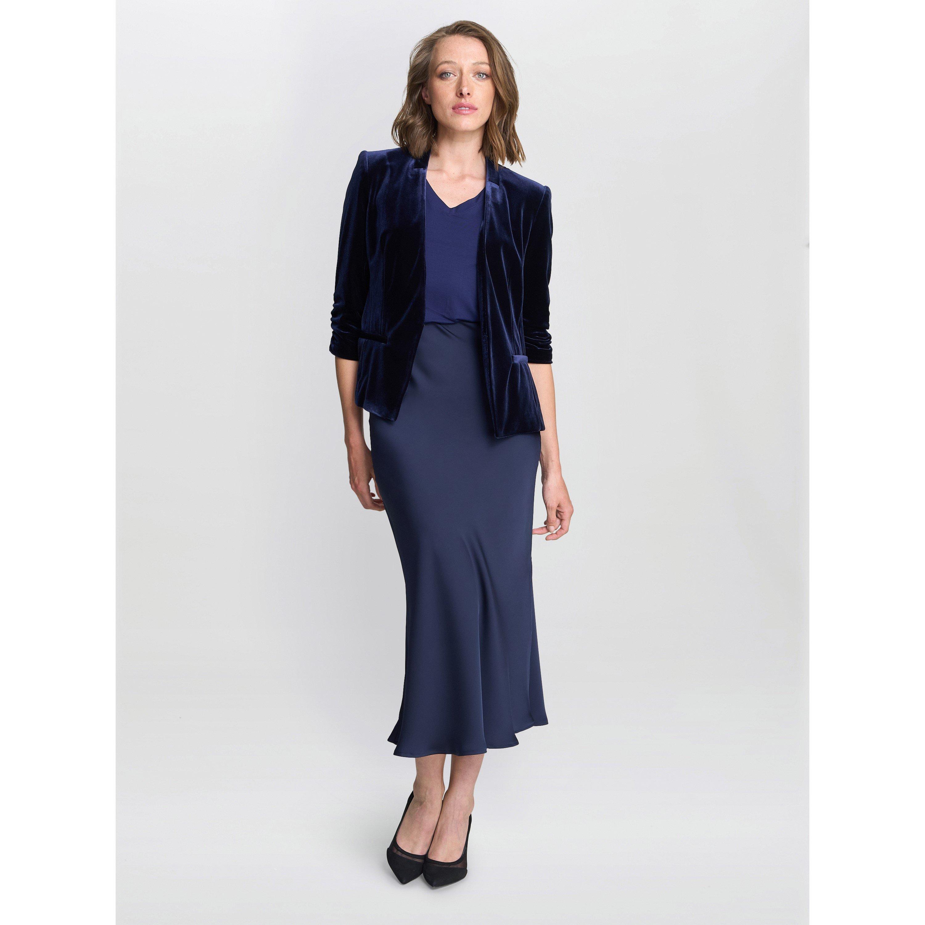 Navy - Gina Bacconi - Women's Orly Deep Blue Velvet Open Front three quarter Sleeve Blazer - 2