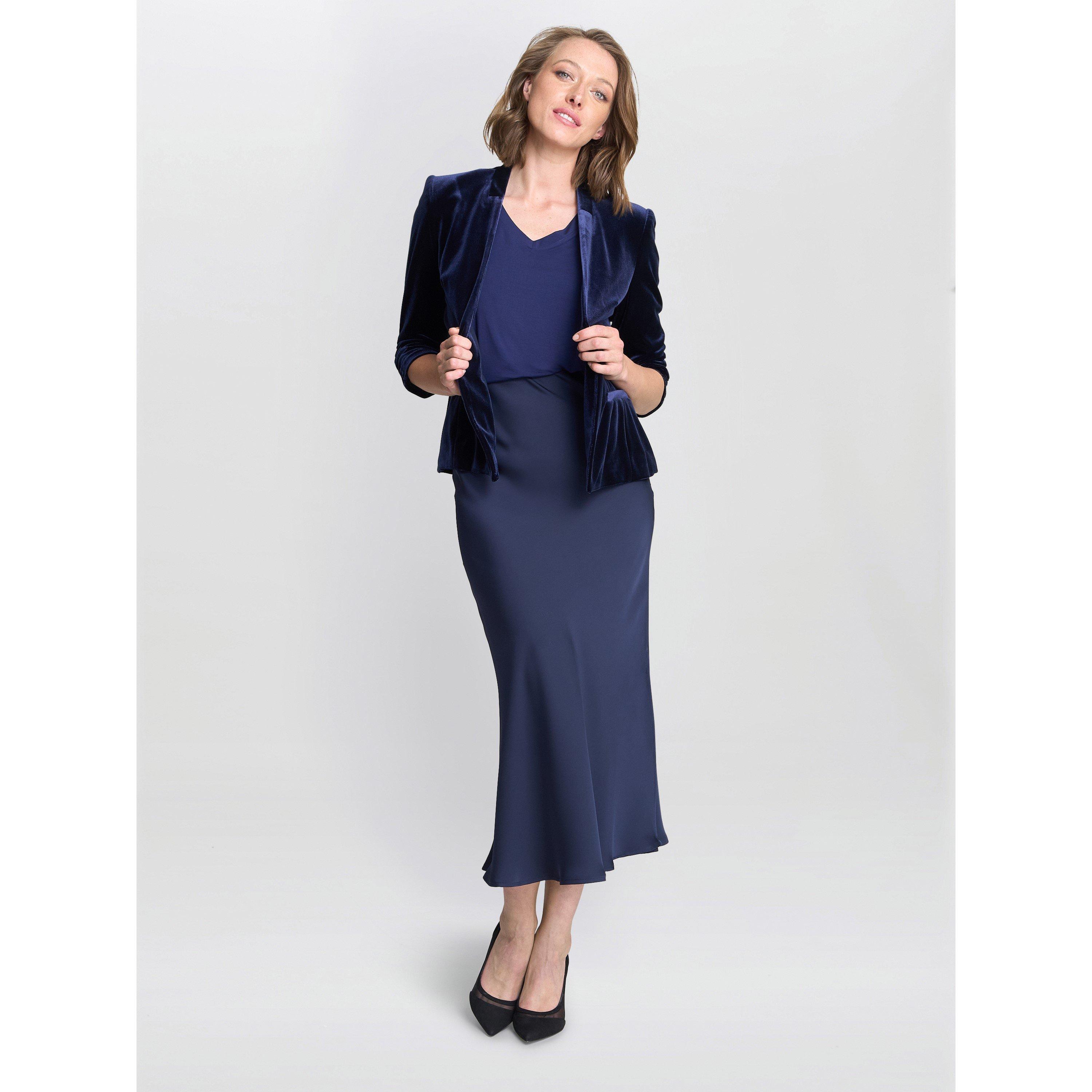 Navy - Gina Bacconi - Women's Orly Deep Blue Velvet Open Front three quarter Sleeve Blazer - 3