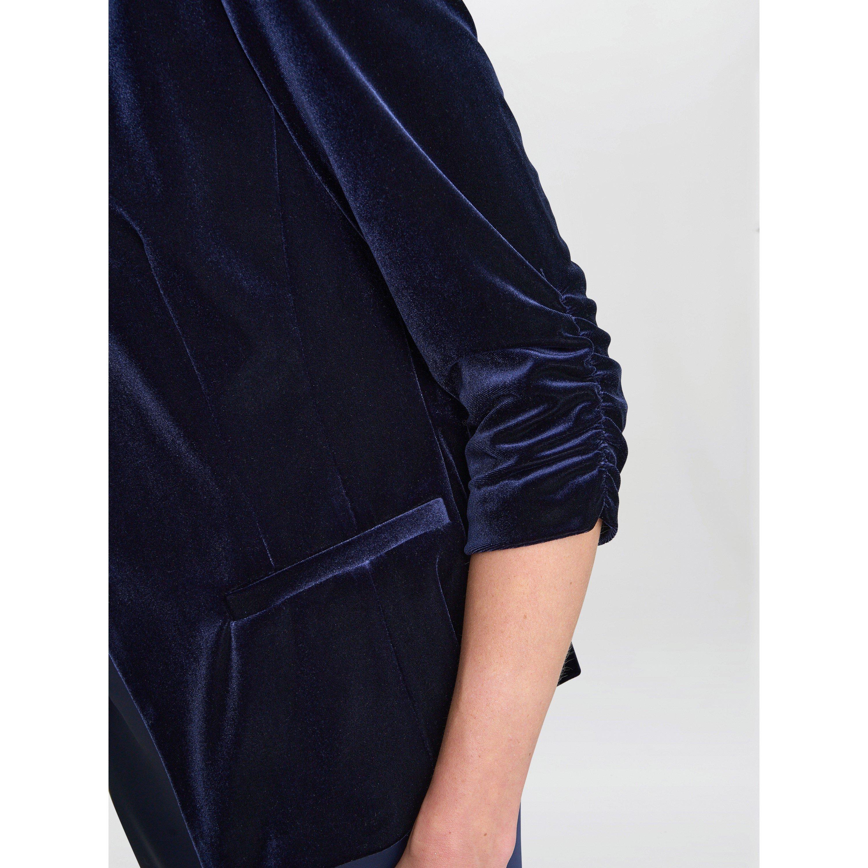 Navy - Gina Bacconi - Women's Orly Deep Blue Velvet Open Front three quarter Sleeve Blazer - 4