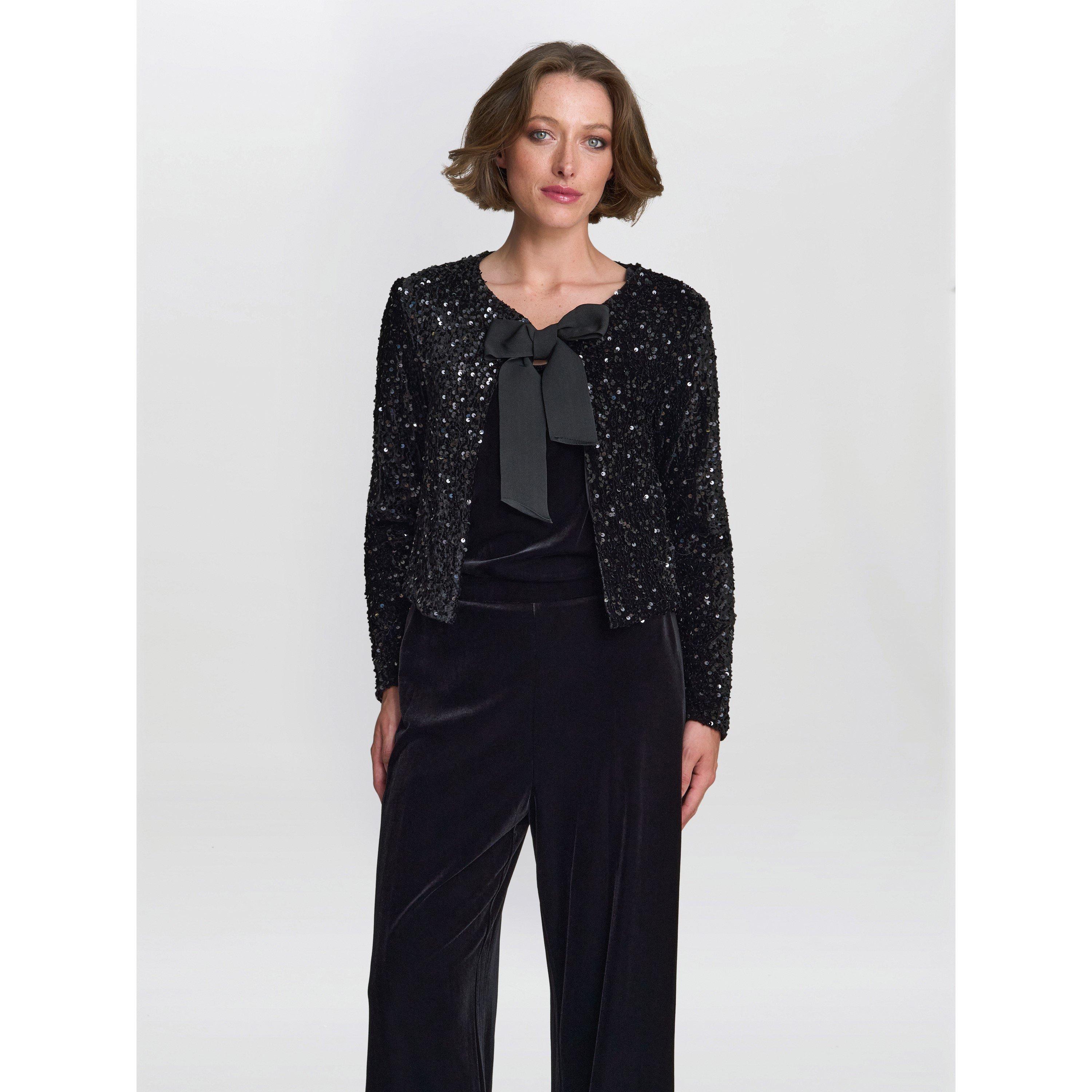 Black - Gina Bacconi - Women's Roxy Sequin Round Neckline Tie Bow Jacket - 2