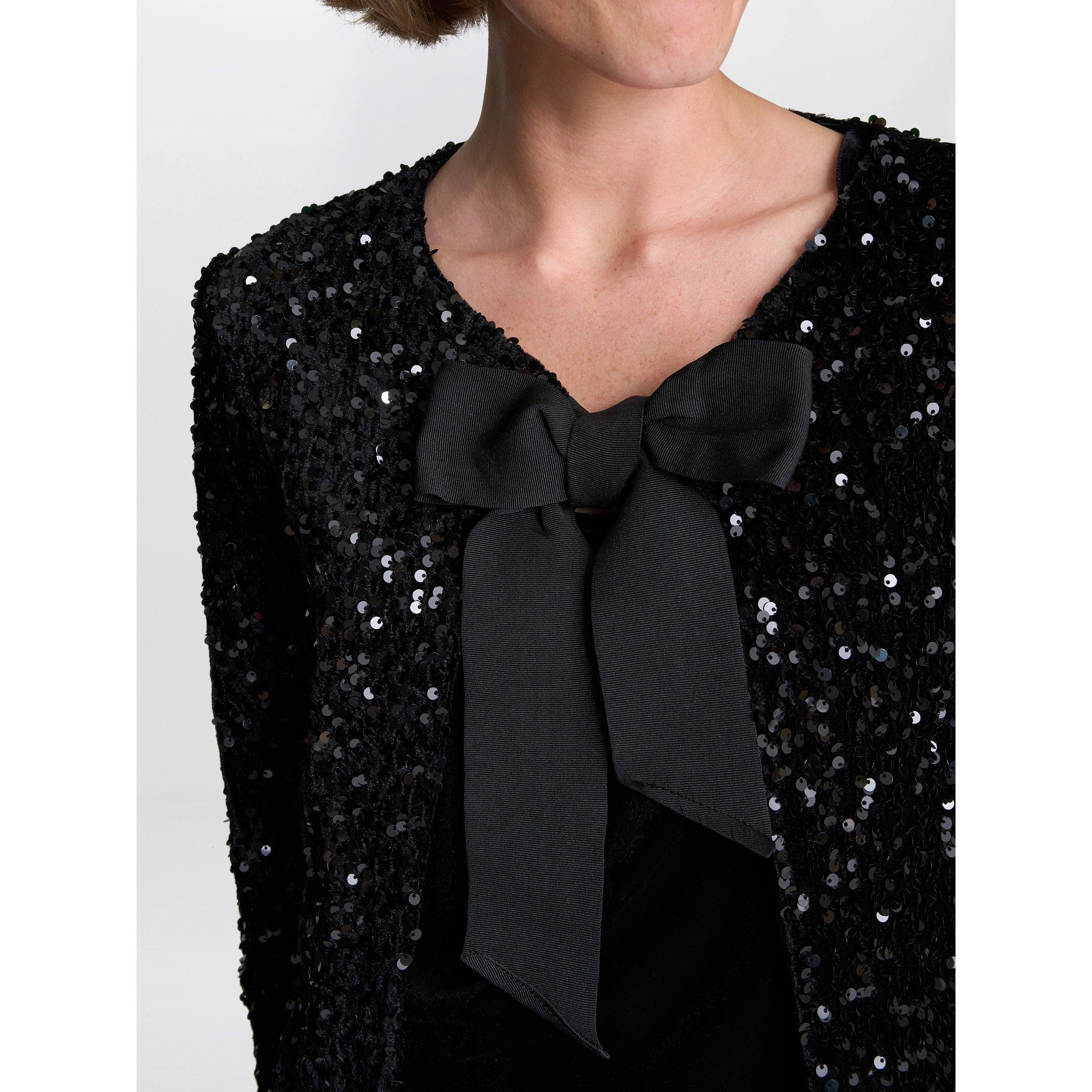 Black - Gina Bacconi - Women's Roxy Sequin Round Neckline Tie Bow Jacket - 5