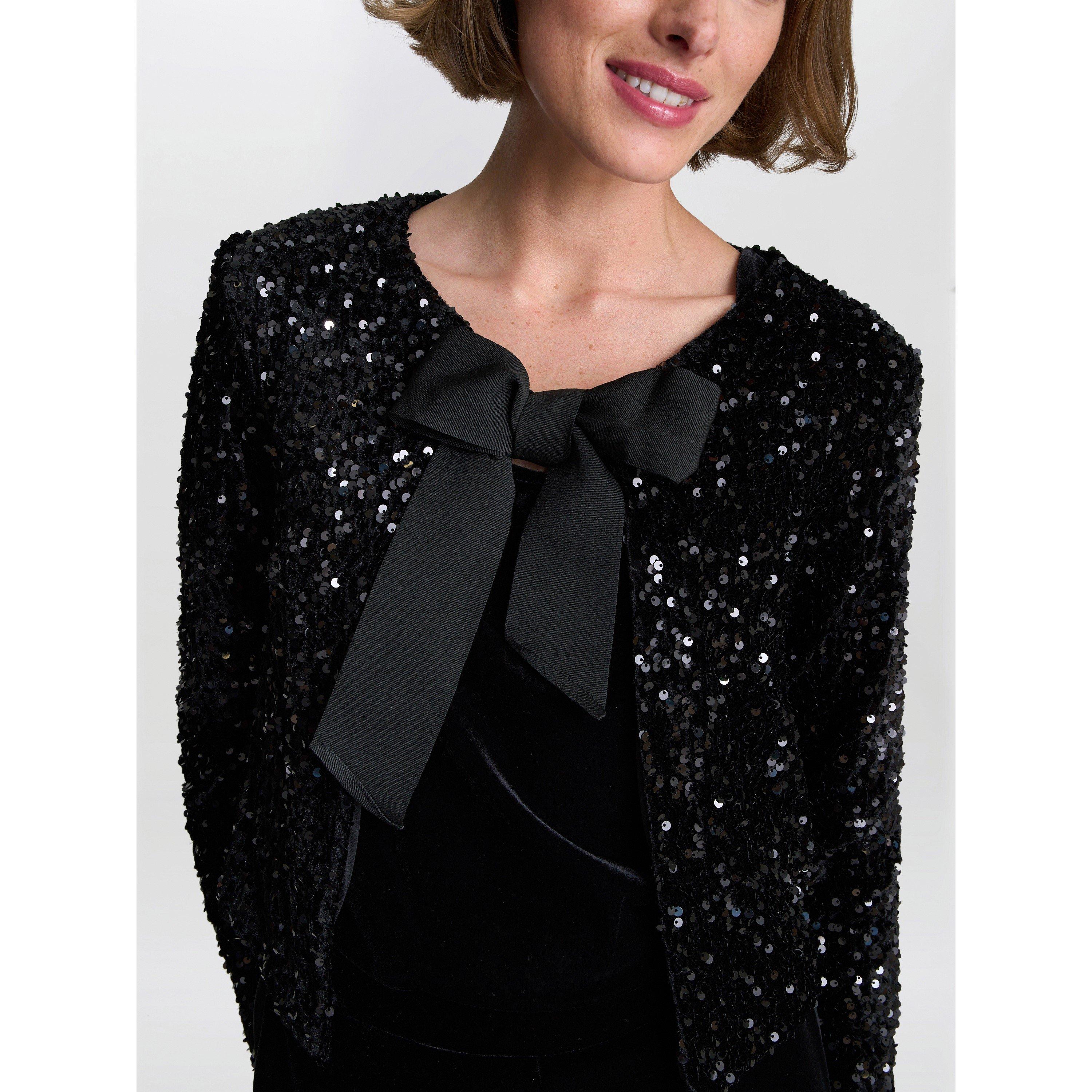 Black - Gina Bacconi - Women's Roxy Sequin Round Neckline Tie Bow Jacket - 7