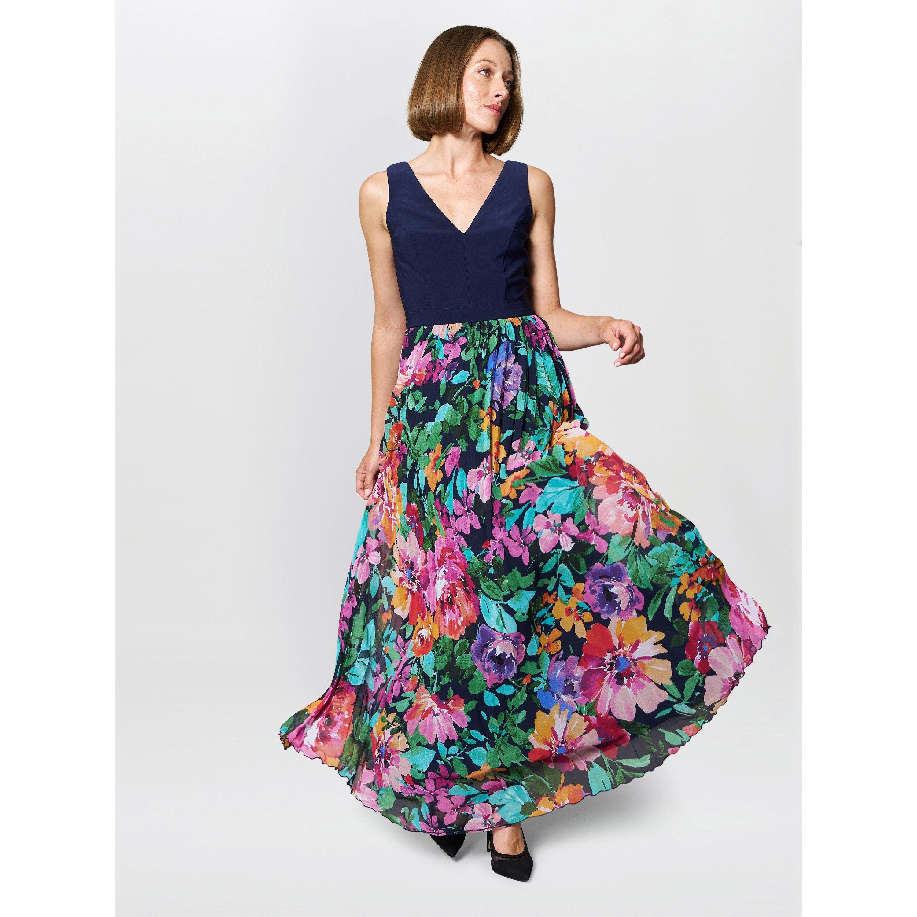 Navy / Multi - Gina Bacconi - Mariella Maxi Dress With Pleated Skirt - 6