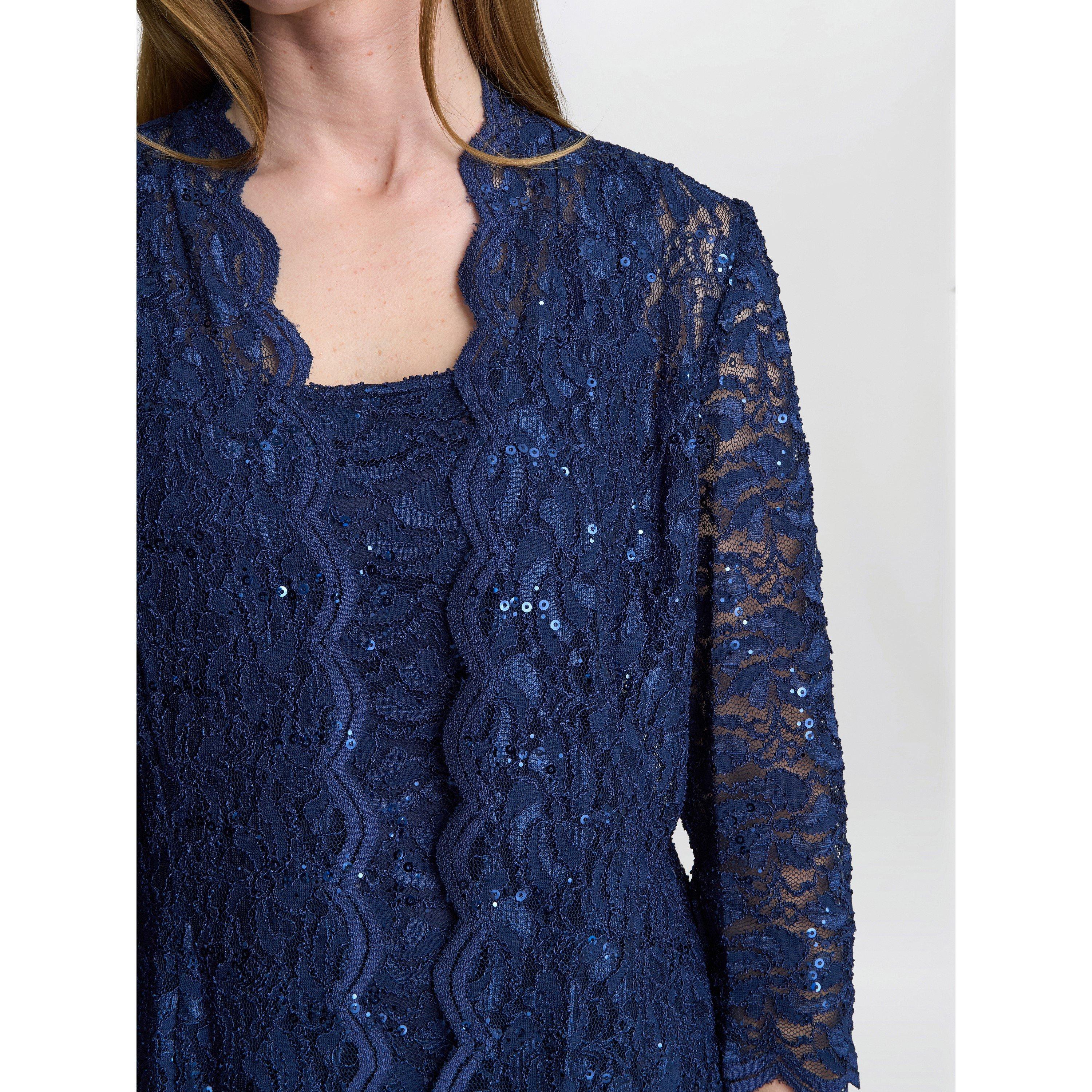 Navy - Gina Bacconi - Alannah Sequin Lace Shift Dress And Jacket - 4