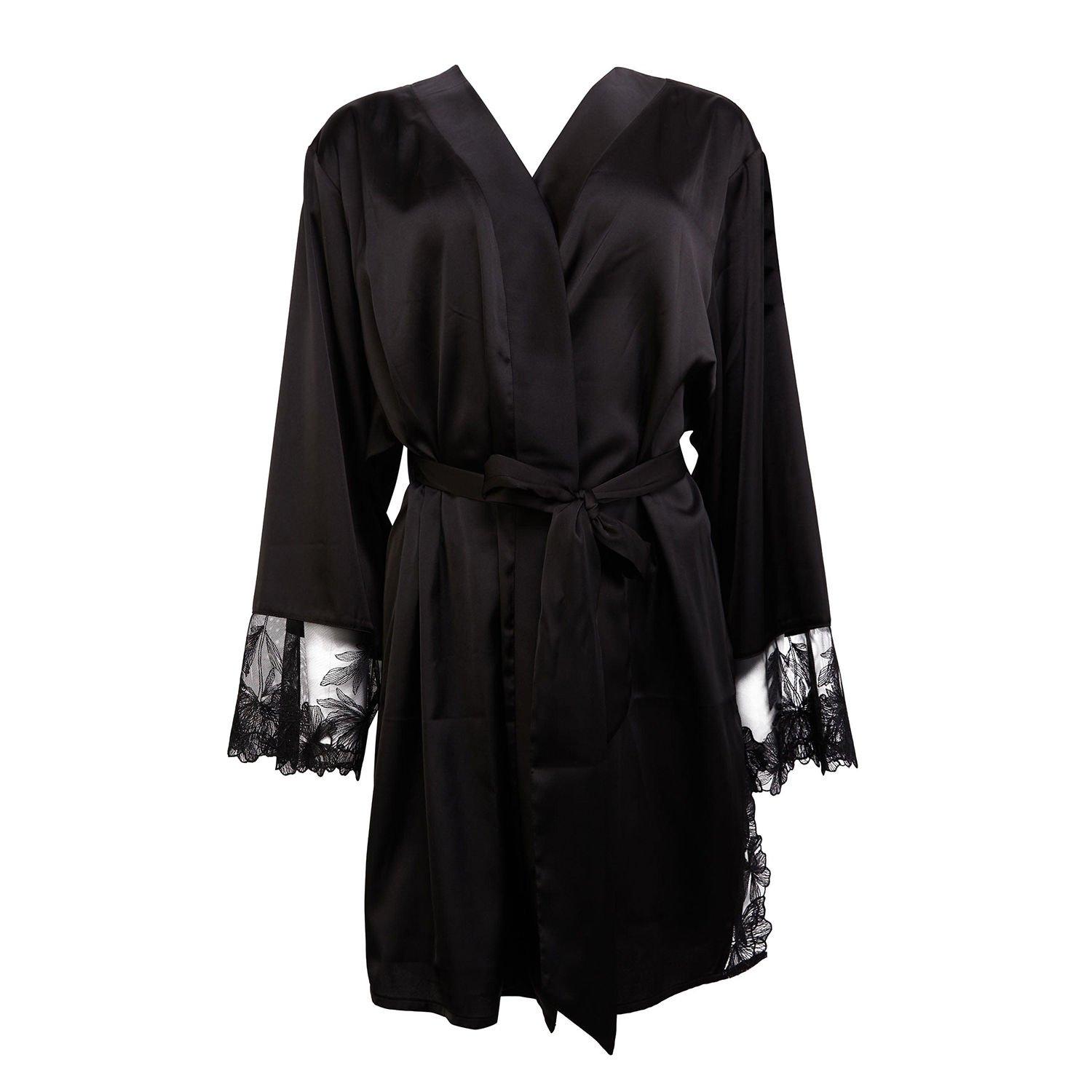 Black - Playful Promises - Eleanor Black Satin And Embroidery Robe - 4