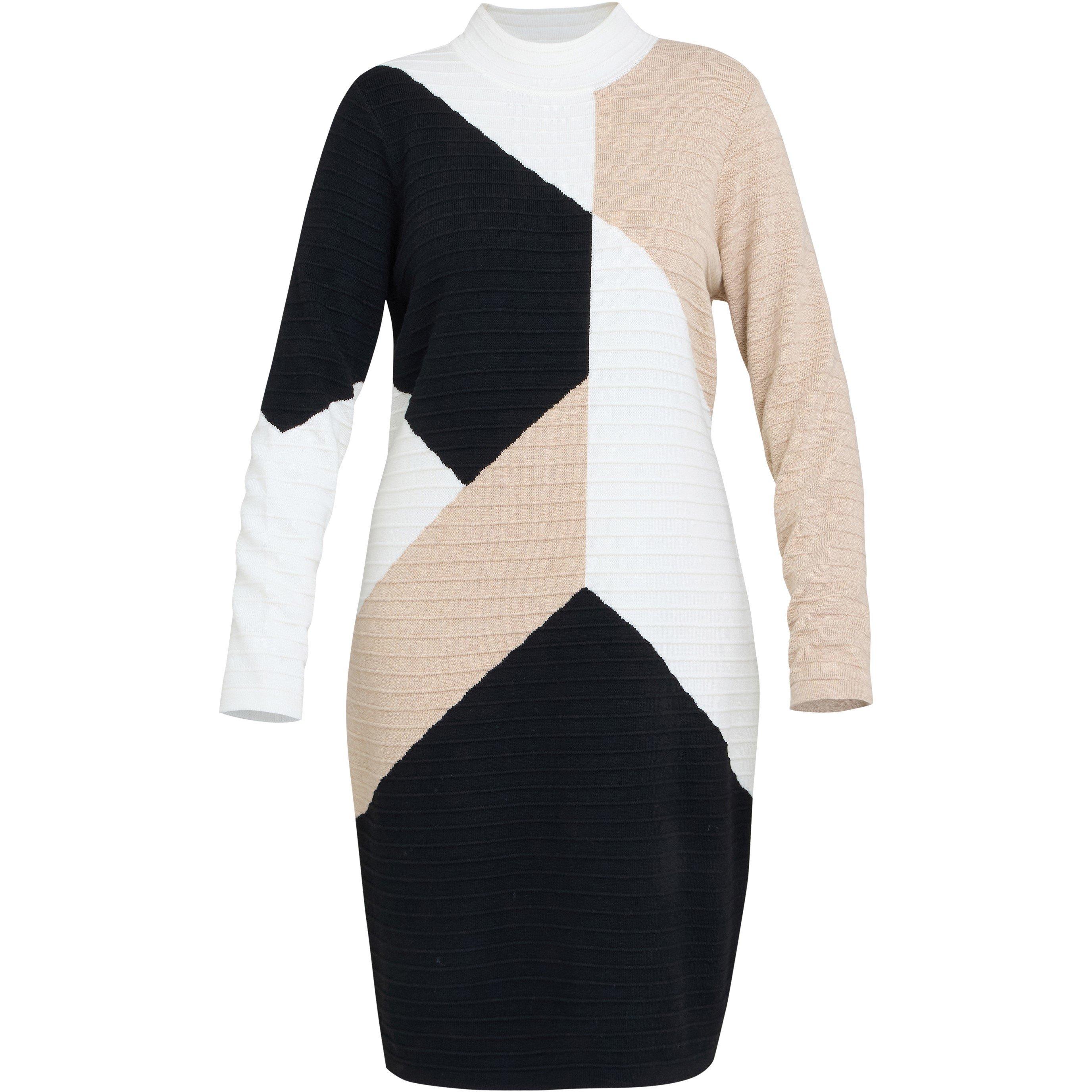 Black / White - Gina Bacconi - Women's Aliana Colourblock Ribbed Knit Long Sleeve Dress - 1