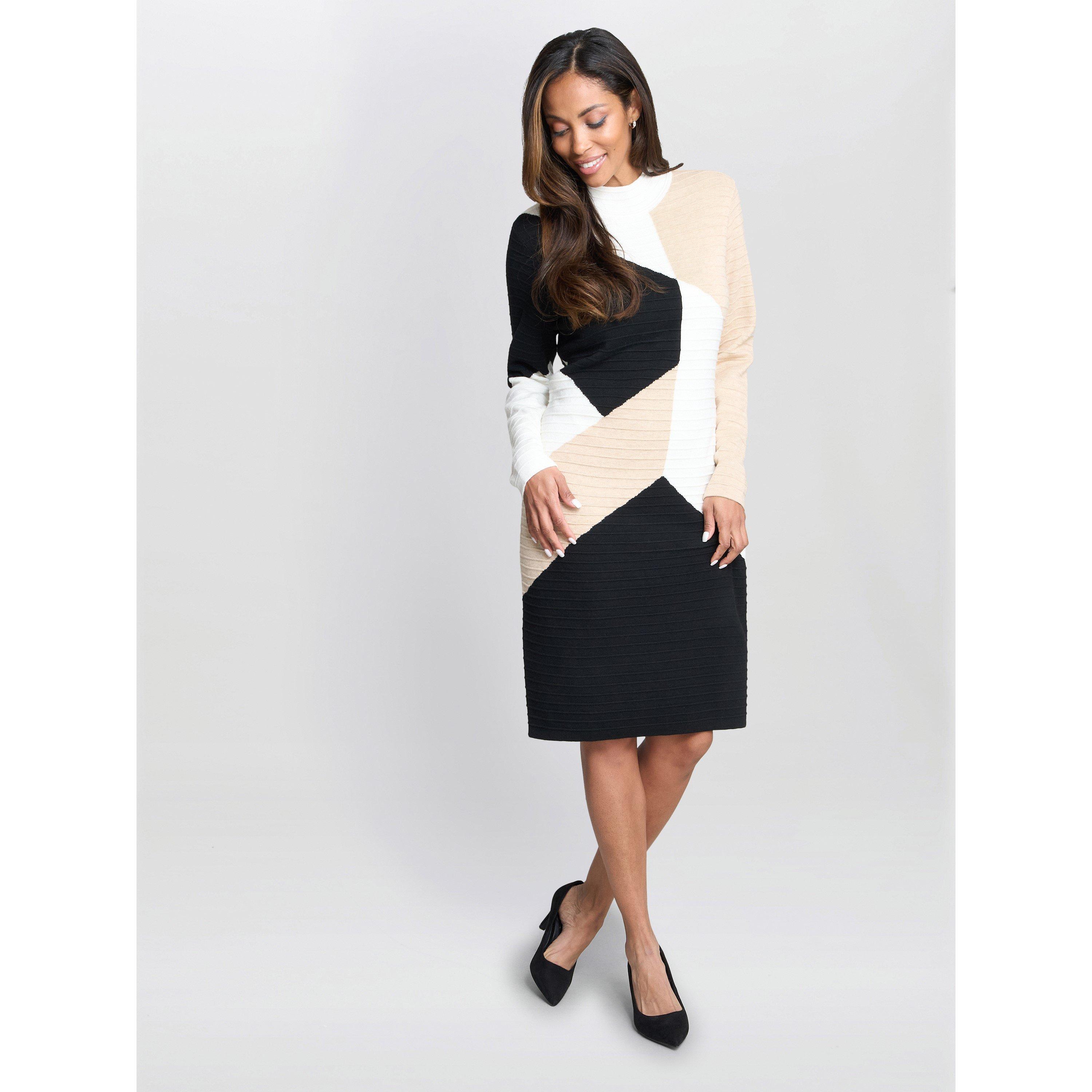 Black / White - Gina Bacconi - Women's Aliana Colourblock Ribbed Knit Long Sleeve Dress - 4