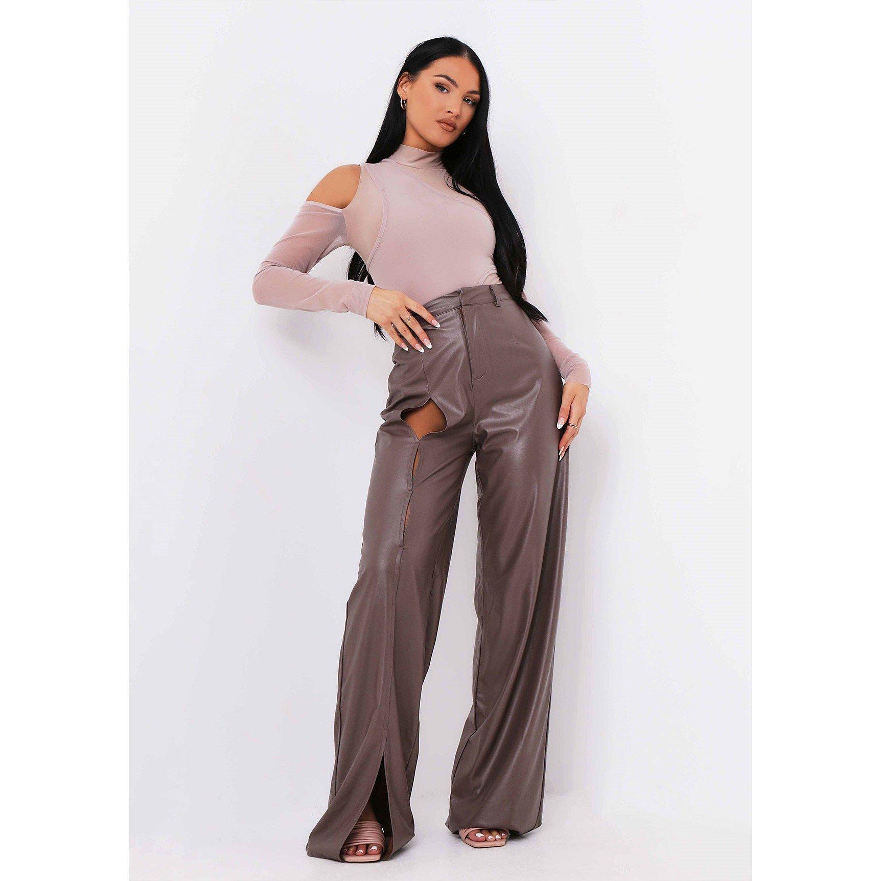 Chocolate - Missy Empire - Keyhole Cut Out High Waisted PU Trousers