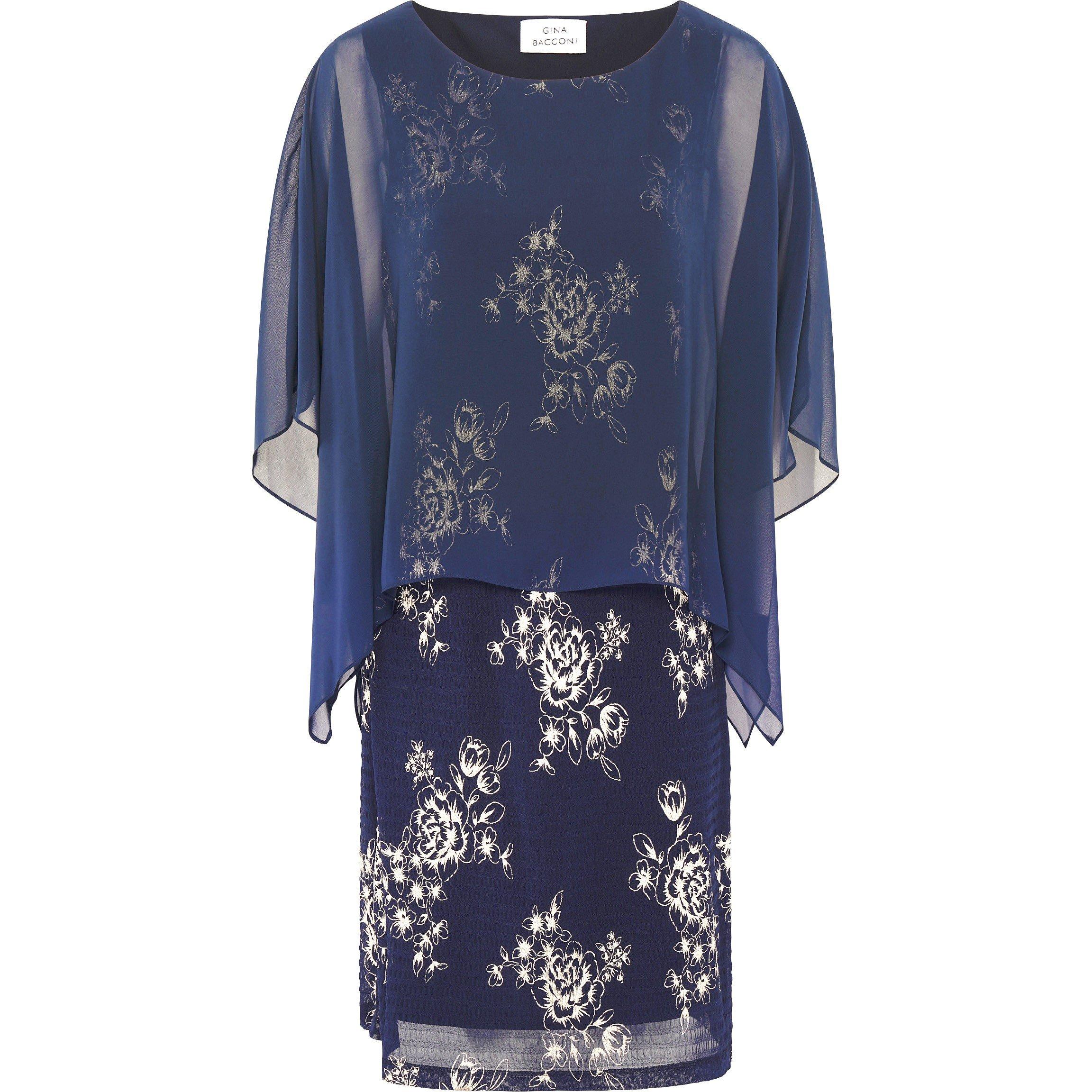 Navy / Gold - Gina Bacconi - Anne Foil Dress With Chiffon Cape - 1