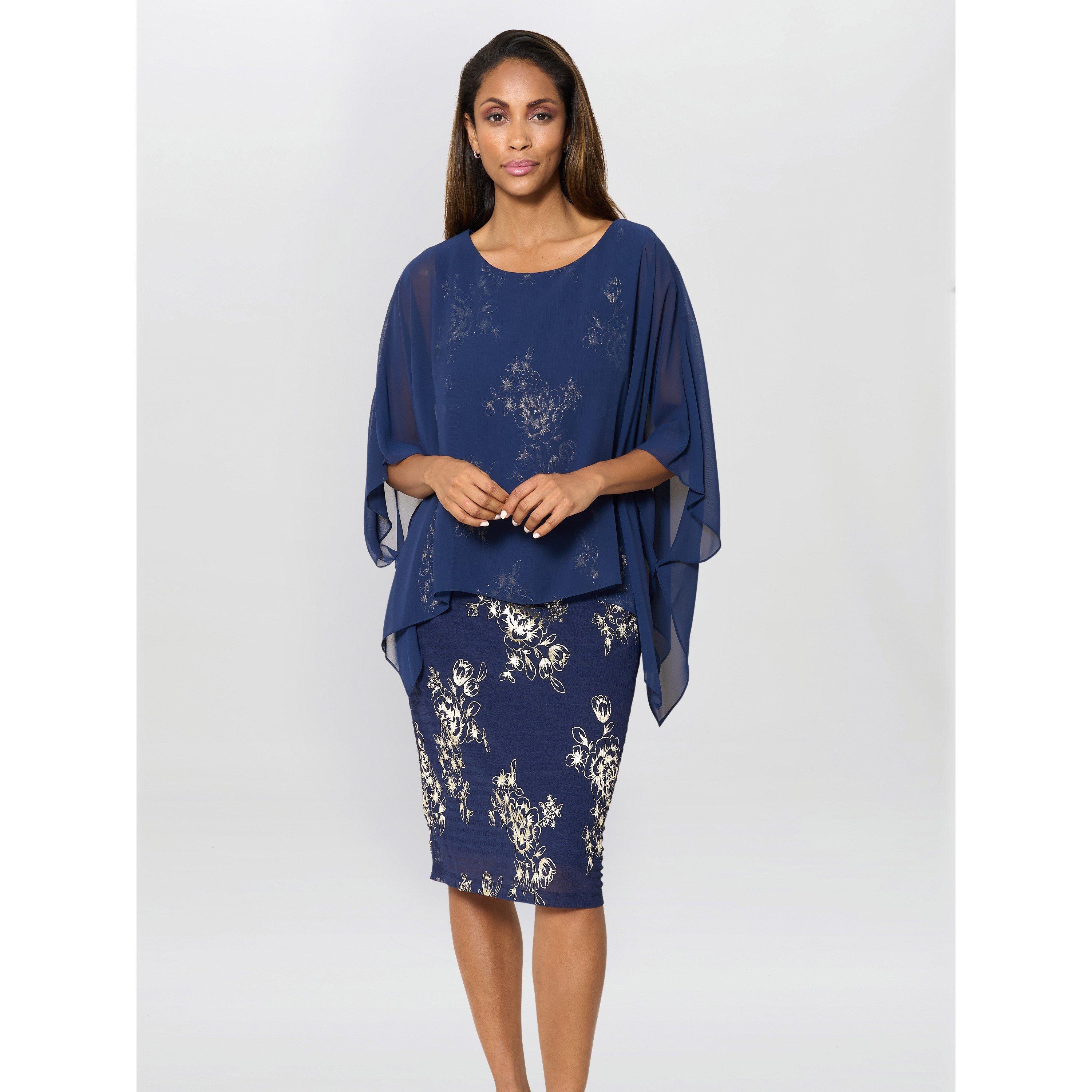 Navy / Gold - Gina Bacconi - Anne Foil Dress With Chiffon Cape - 2