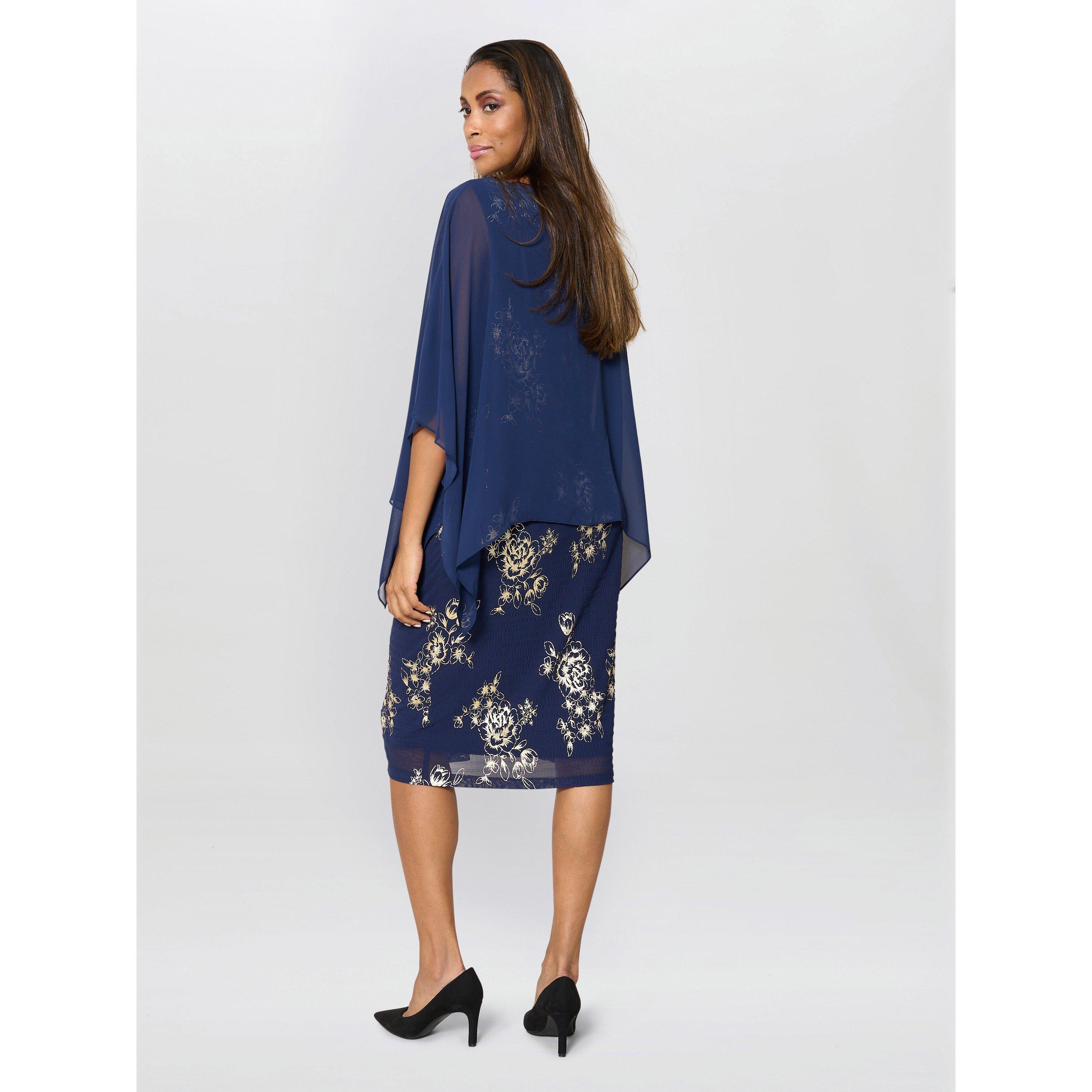 Navy / Gold - Gina Bacconi - Anne Foil Dress With Chiffon Cape - 3