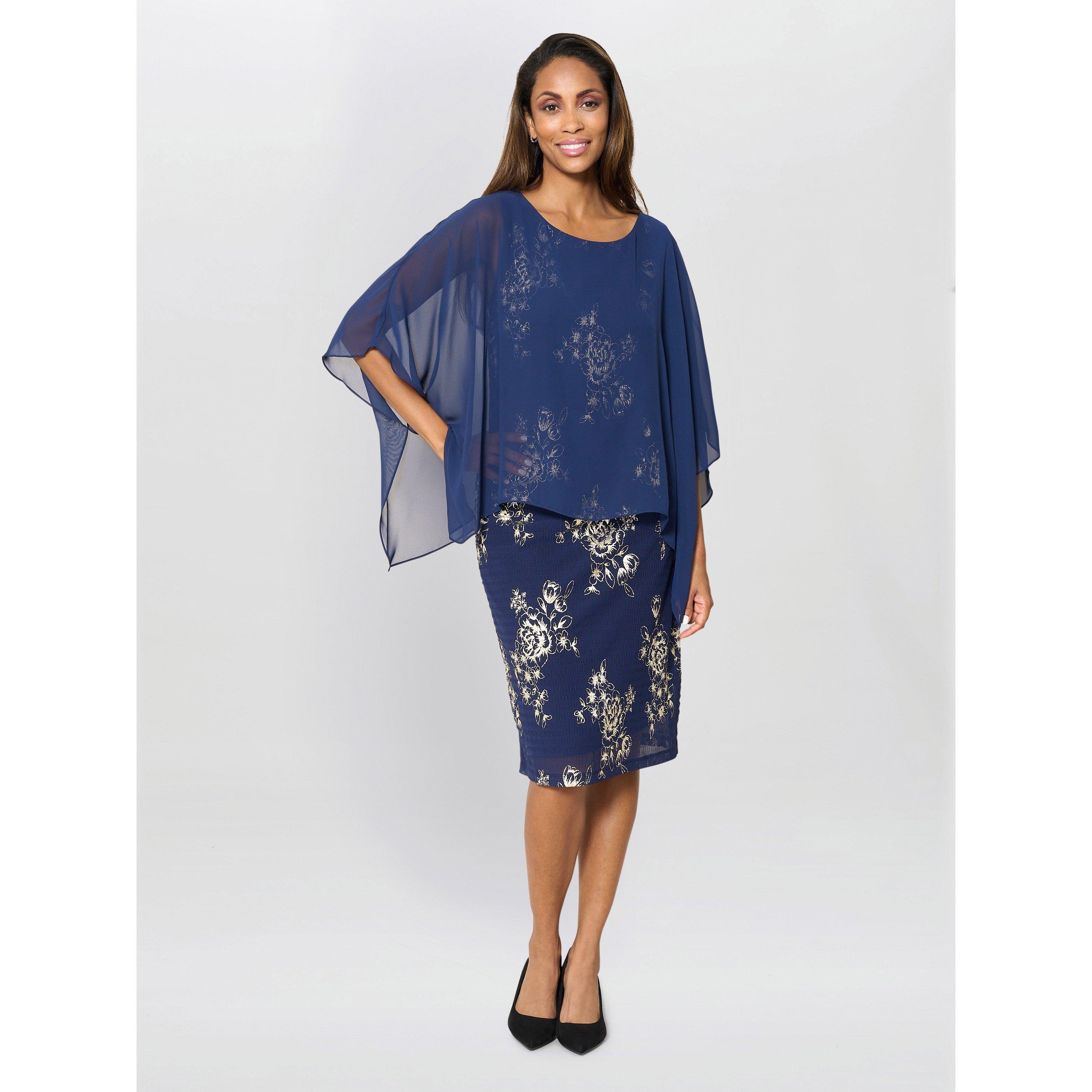 Navy / Gold - Gina Bacconi - Anne Foil Dress With Chiffon Cape - 4