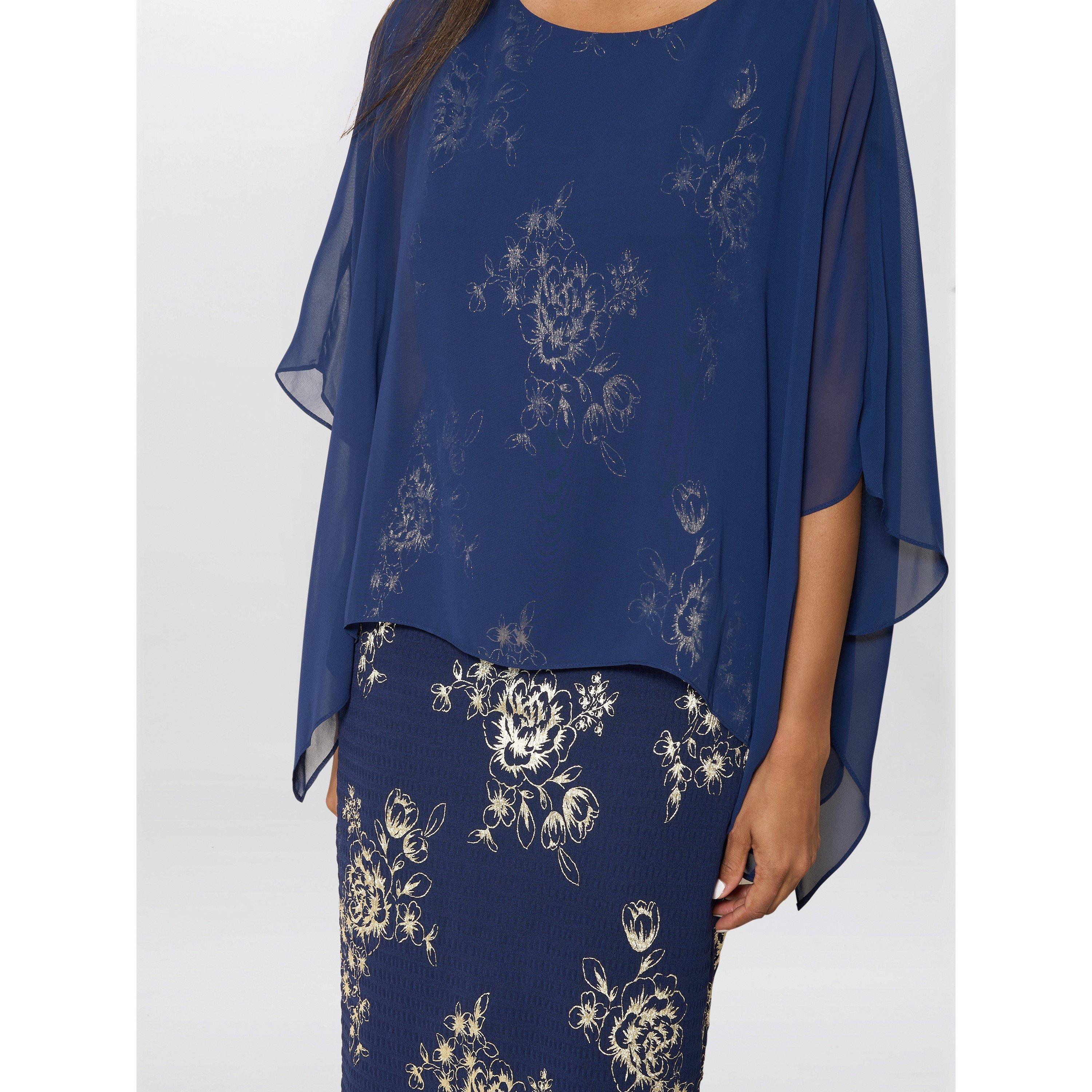 Navy / Gold - Gina Bacconi - Anne Foil Dress With Chiffon Cape - 5