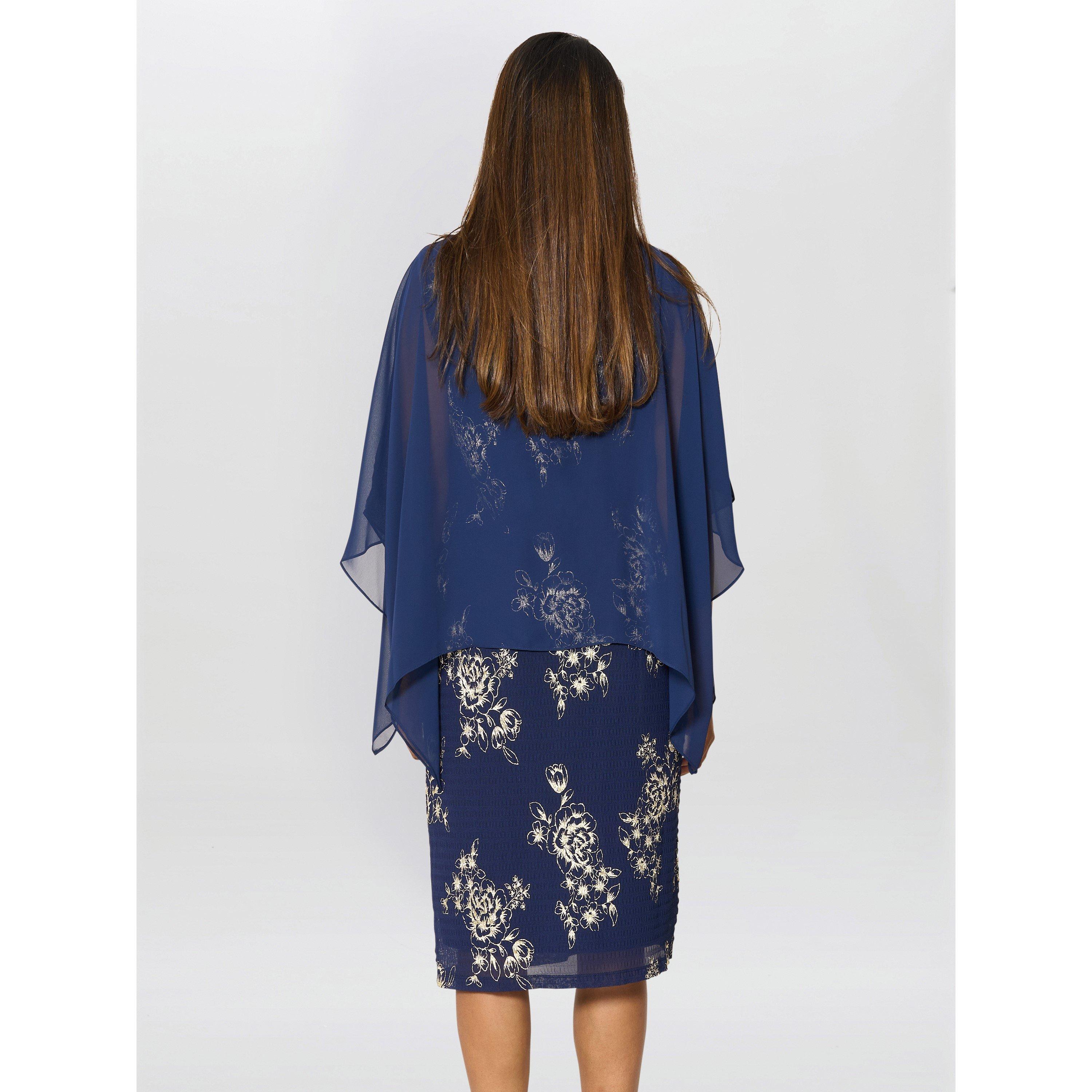 Navy / Gold - Gina Bacconi - Anne Foil Dress With Chiffon Cape - 6