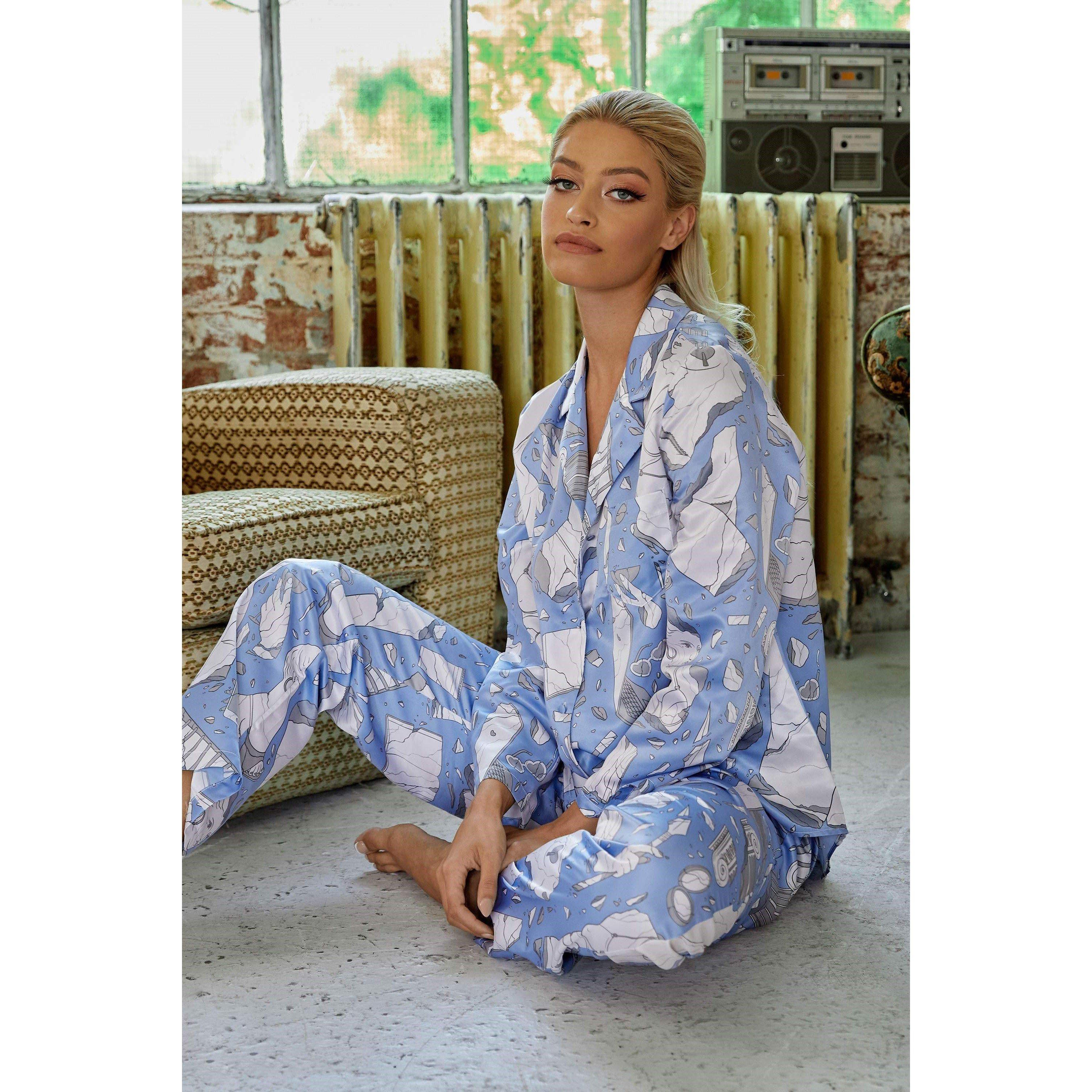 Blue - Playful Promises - Logan Spector Statues Drop Hem Long Sleeve Pj Top - 1