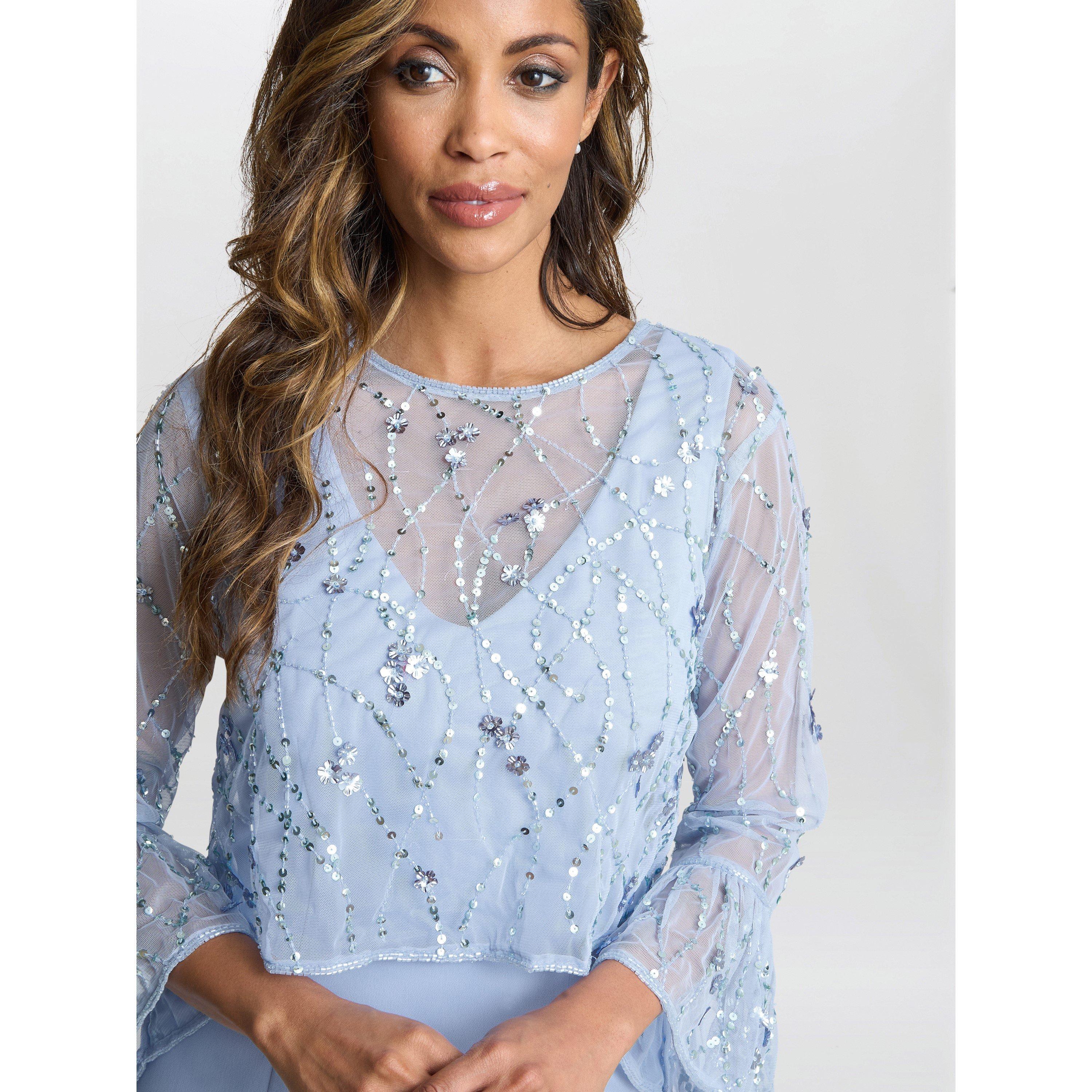 Nordic Blue - Gina Bacconi - Pippa Beaded Jacket Crepe Shift Dress - 5