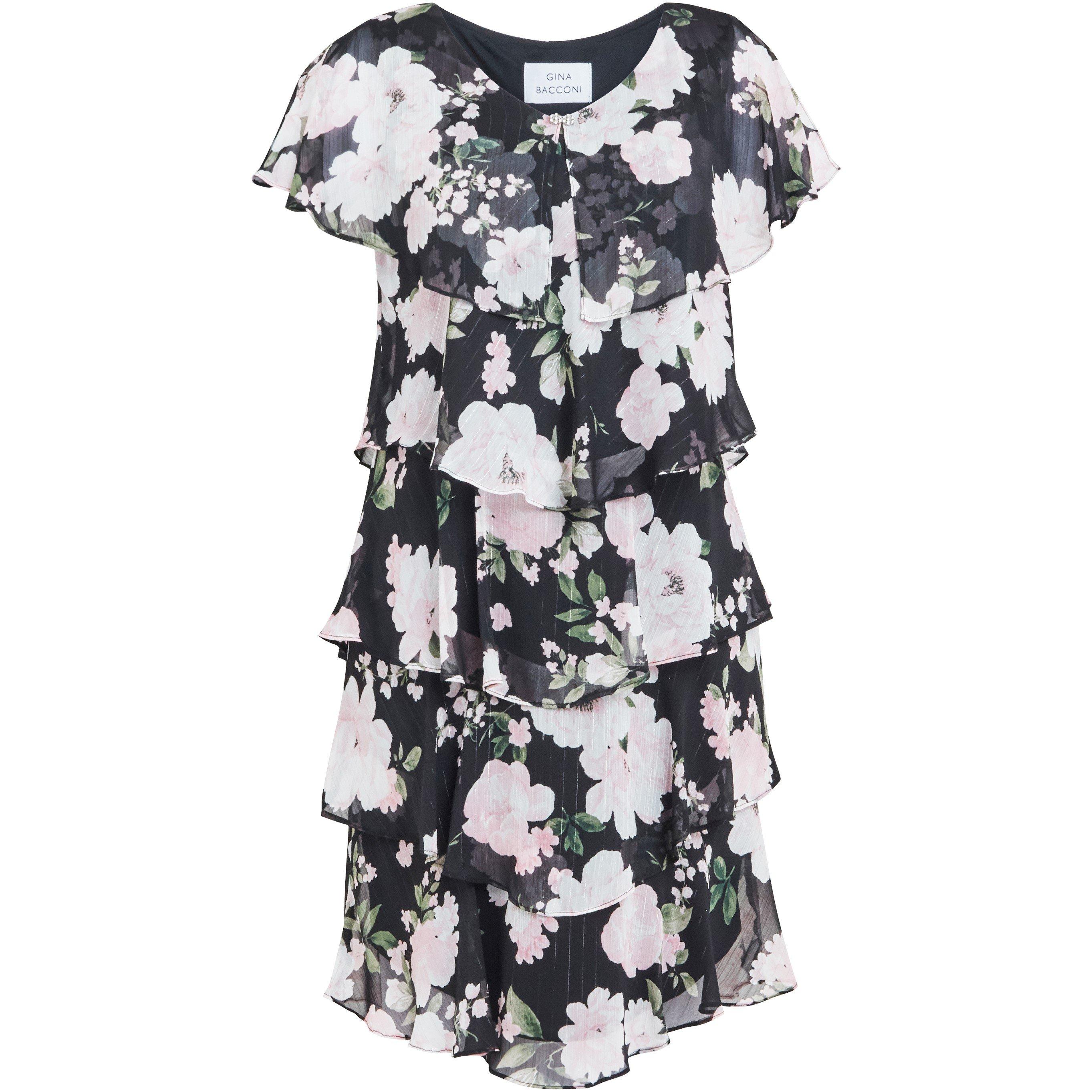 Black / Multi - Gina Bacconi - Nicola V Neck Printed Tiered Dress - 4