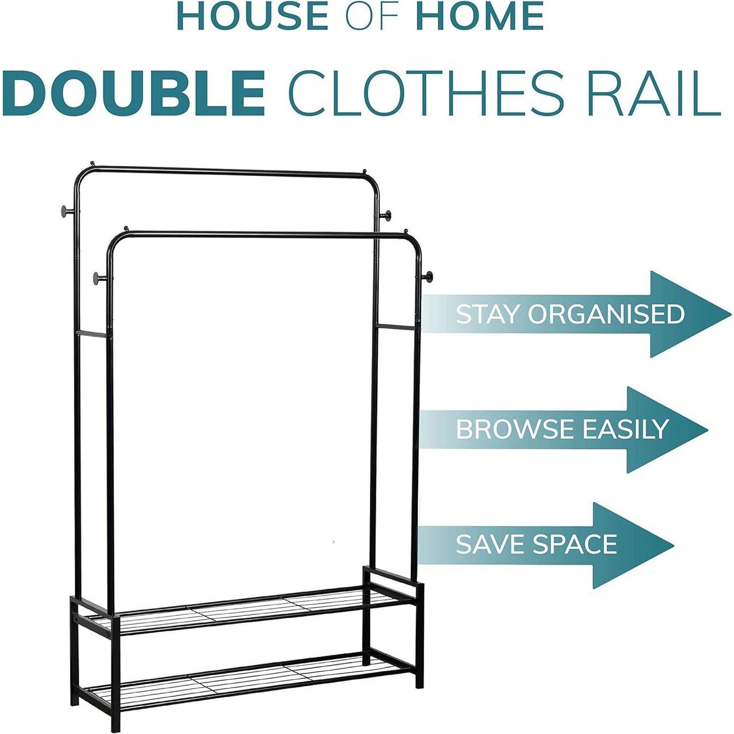 Black - House of Home - Freestanding Double Clothes Rail 3.5ft x 5.5 - 6