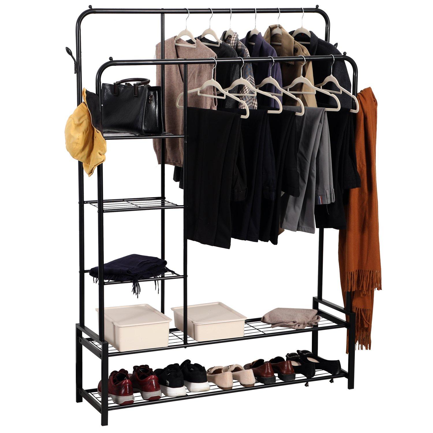 Black - House of Home - Double Clothes Rail with 2 Shoe Racks 3 Shelves - 1