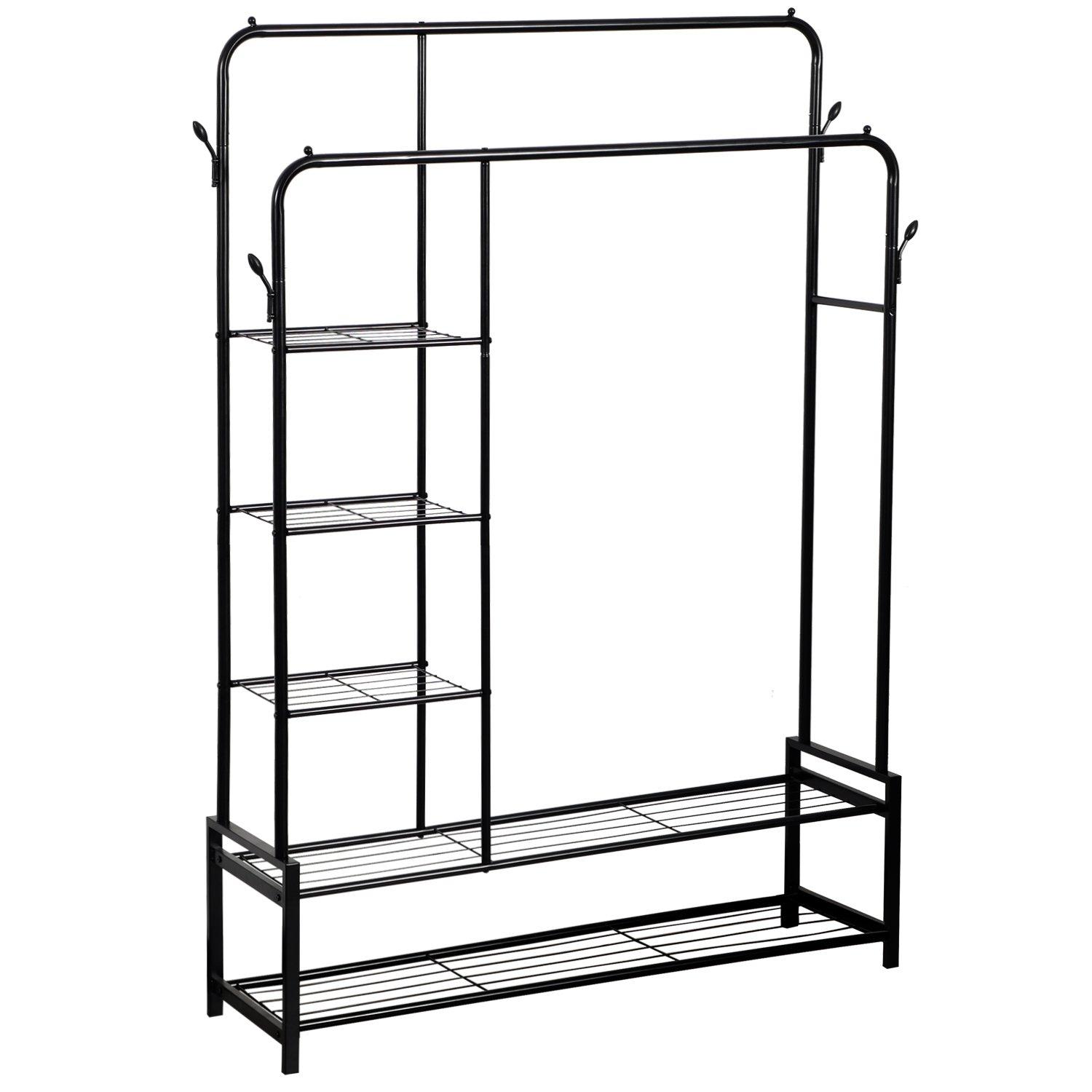 Black - House of Home - Double Clothes Rail with 2 Shoe Racks 3 Shelves - 2