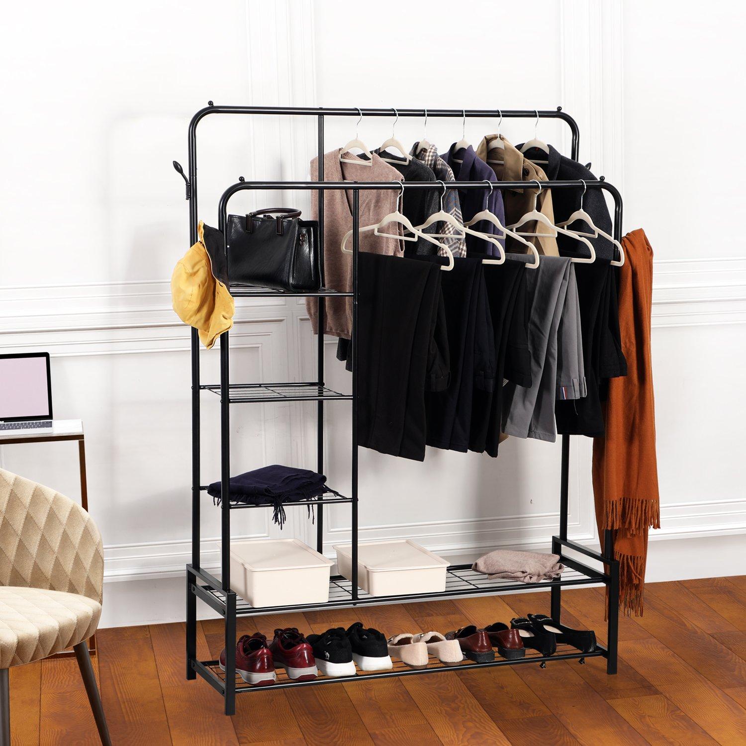 Black - House of Home - Double Clothes Rail with 2 Shoe Racks 3 Shelves - 3