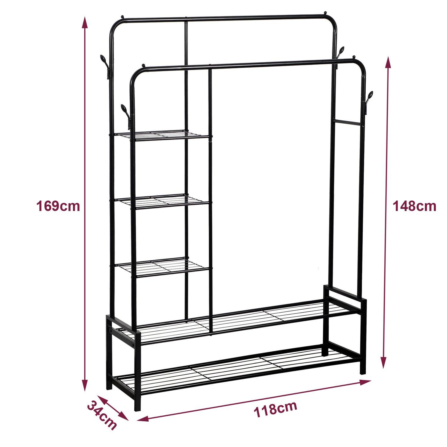 Black - House of Home - Double Clothes Rail with 2 Shoe Racks 3 Shelves - 6