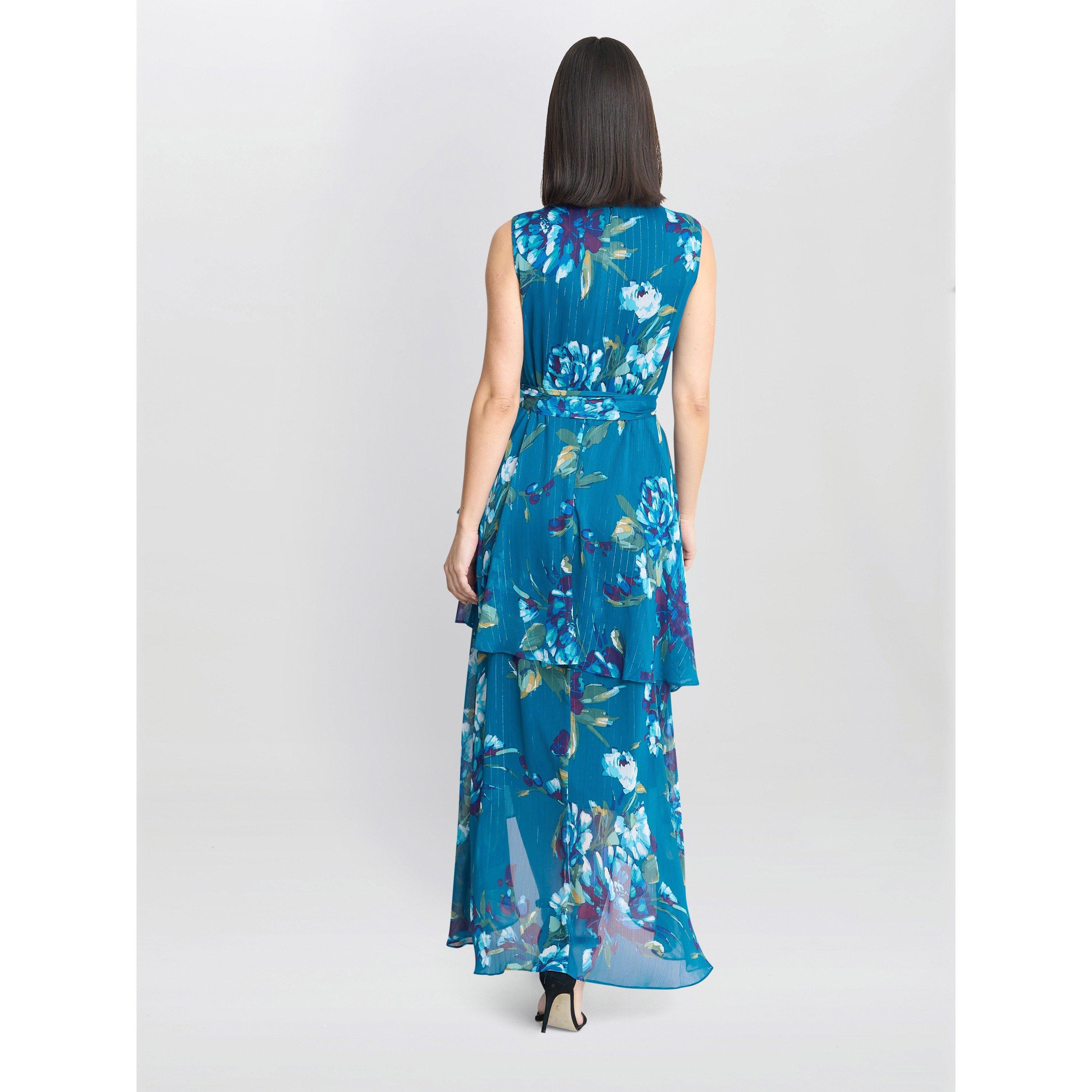 Teal - Gina Bacconi - Tamara Printed Sleeveless Maxi Dress - 2