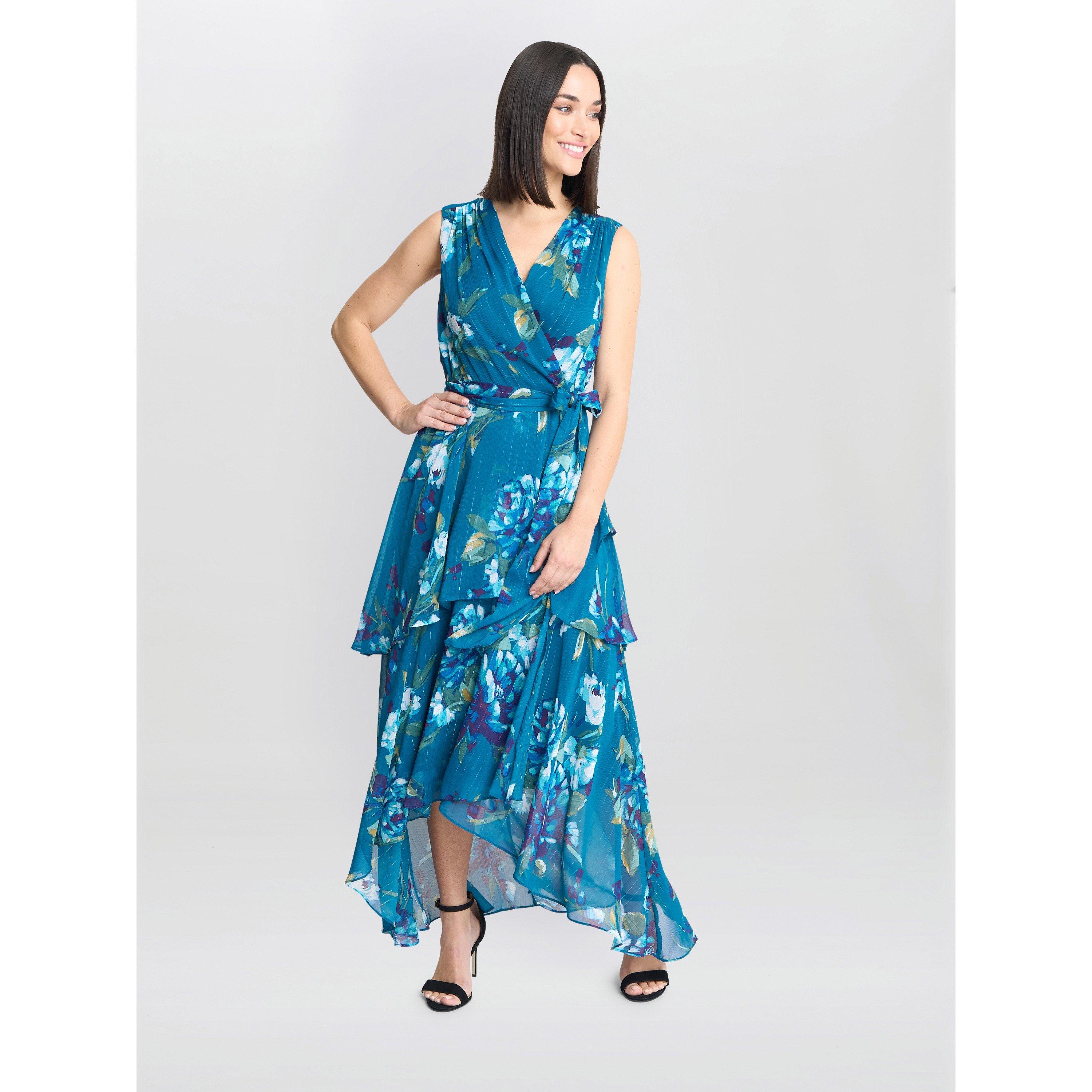Teal - Gina Bacconi - Tamara Printed Sleeveless Maxi Dress - 6