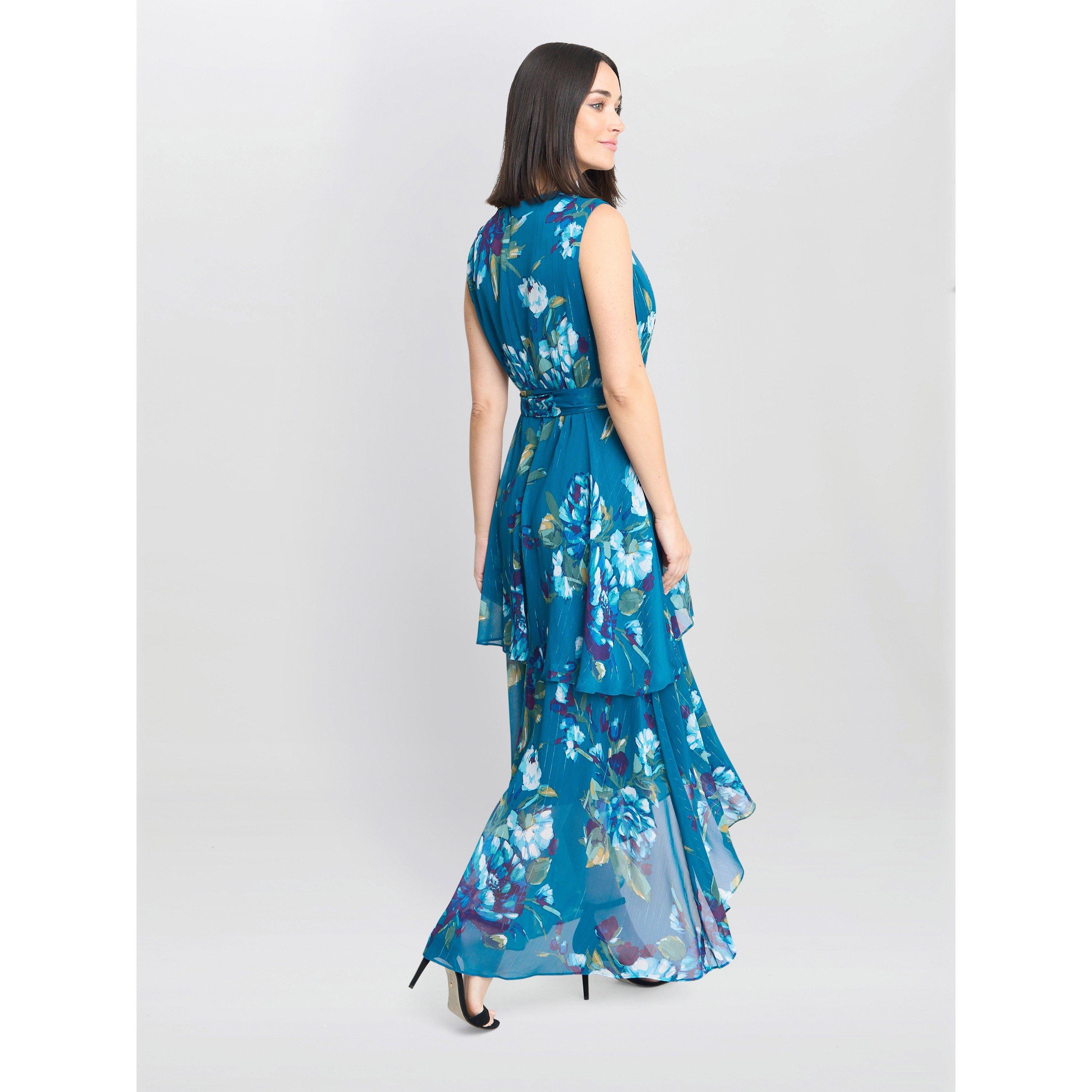 Teal - Gina Bacconi - Tamara Printed Sleeveless Maxi Dress - 7