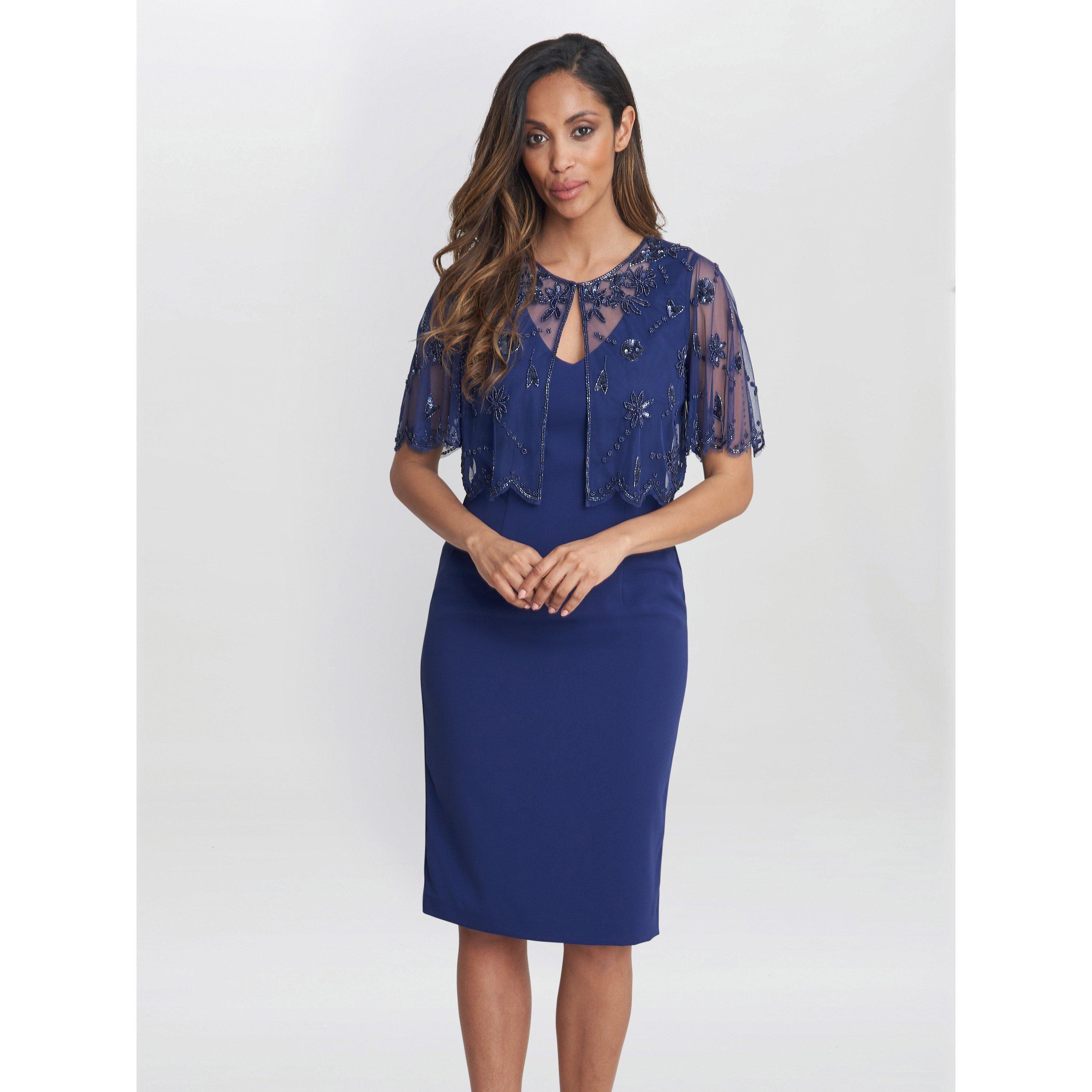 Gina Bacconi Women's Theresa Beaded Bolero Jacket Shift Dress - Navy - 18