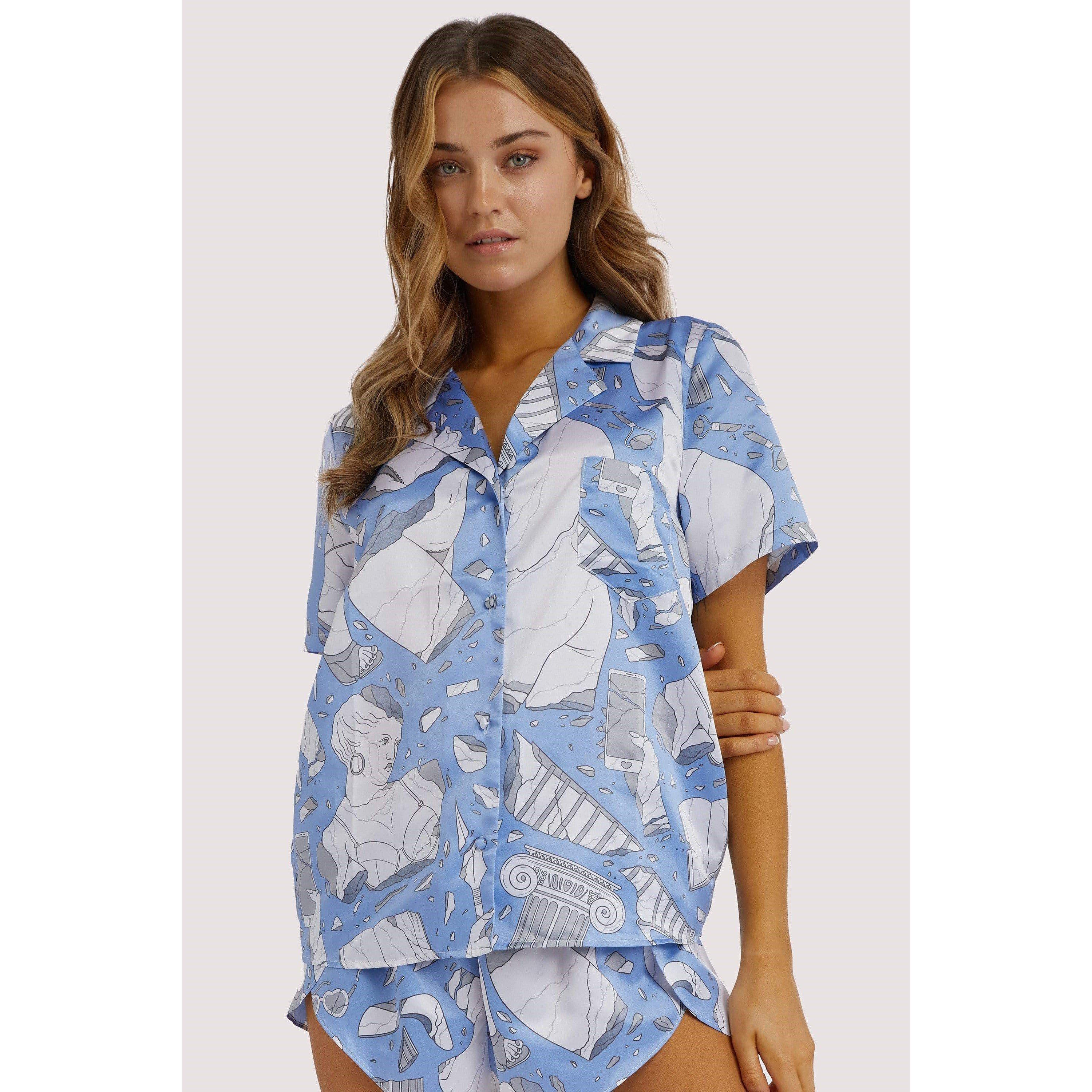 Multi - Playful Promises - Logan Spector Recycled Blue Statue Satin Shirt - 1