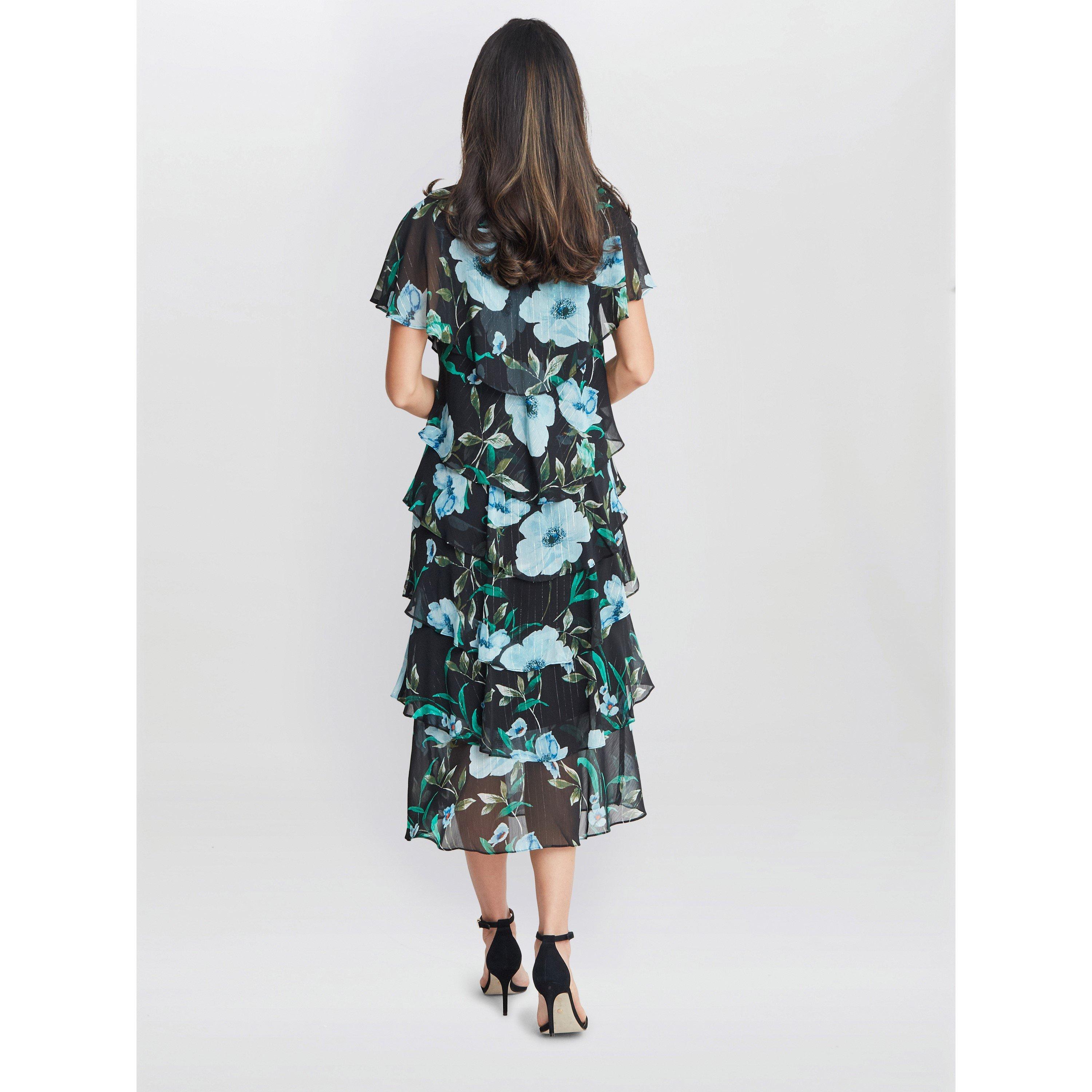 Bright Teal - Gina Bacconi - Frances Printed Midi Tiered Dress - 2
