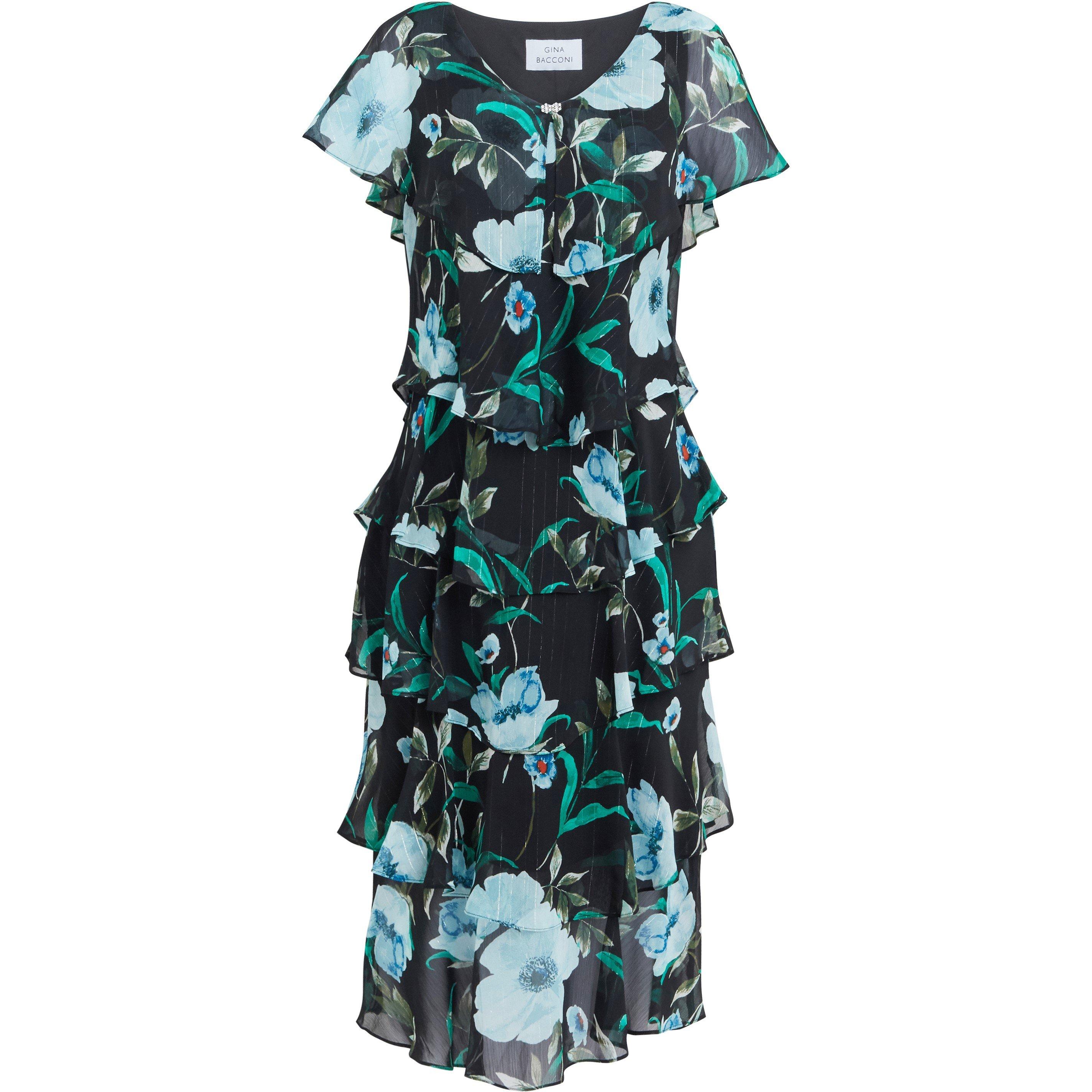 Bright Teal - Gina Bacconi - Frances Printed Midi Tiered Dress - 4