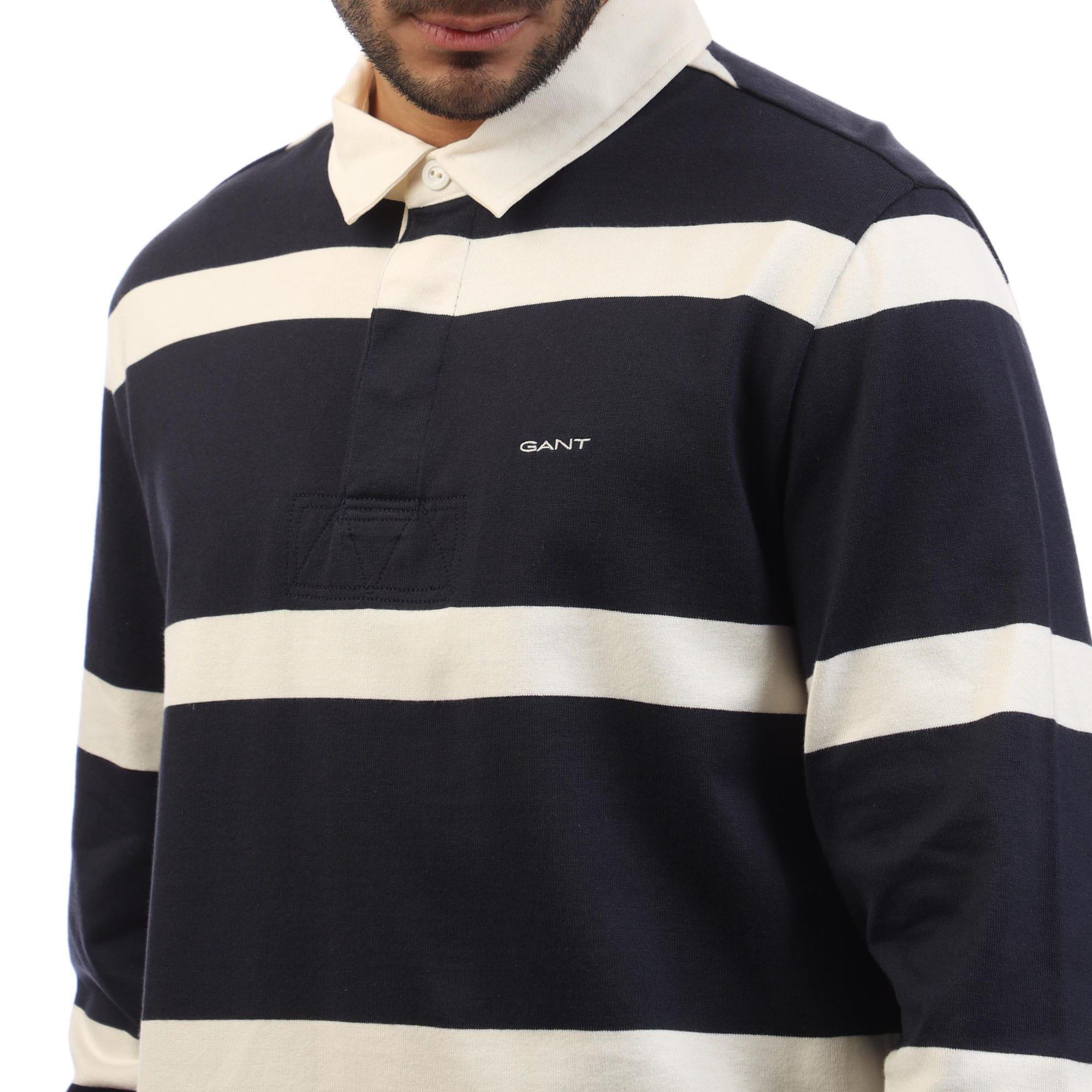 Navy-White - Gant - Striped Heavy Rugger Polo Shirt - 4