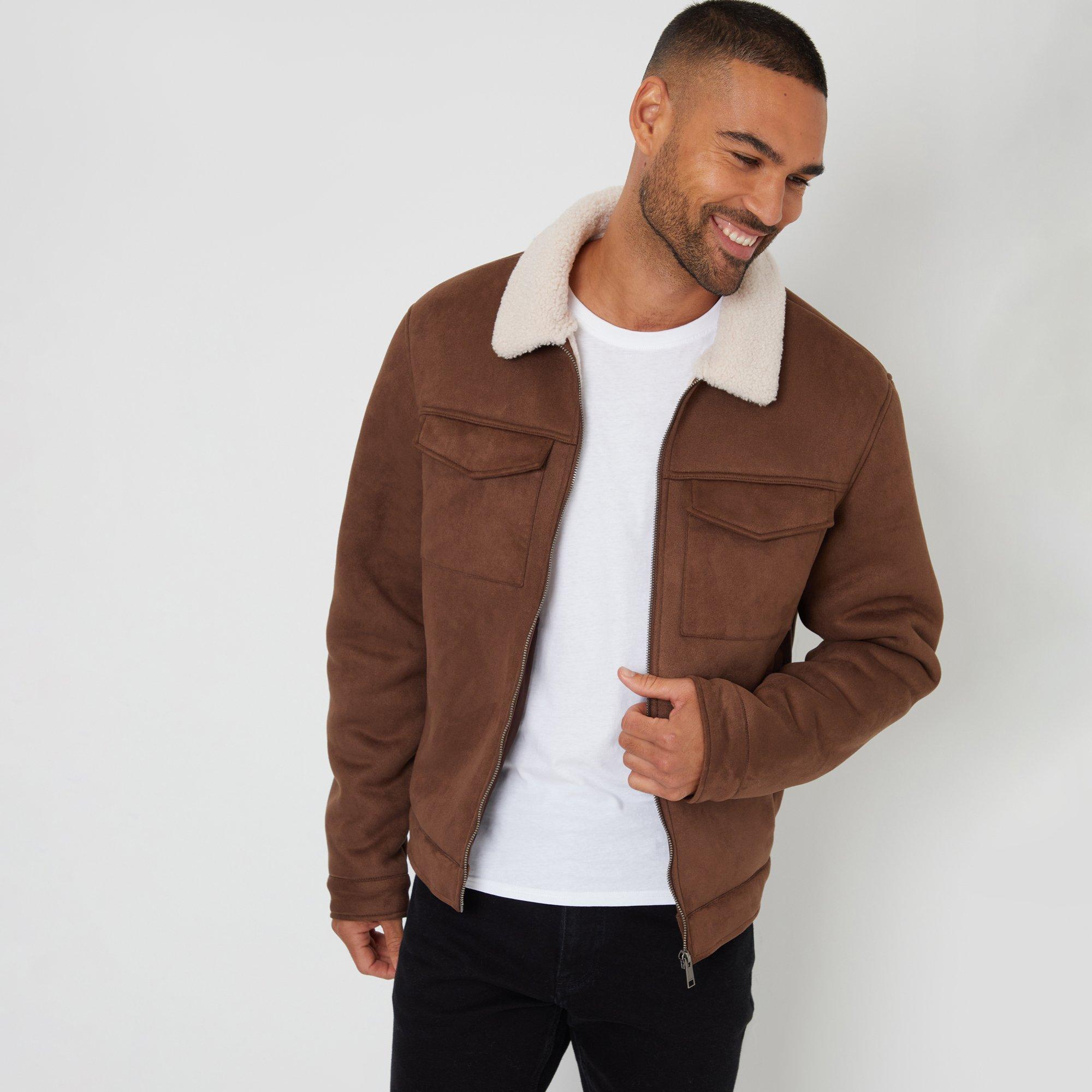 Threadbare Men's Faux Suede Borg Lined Long Sleeve Aviator Jacket