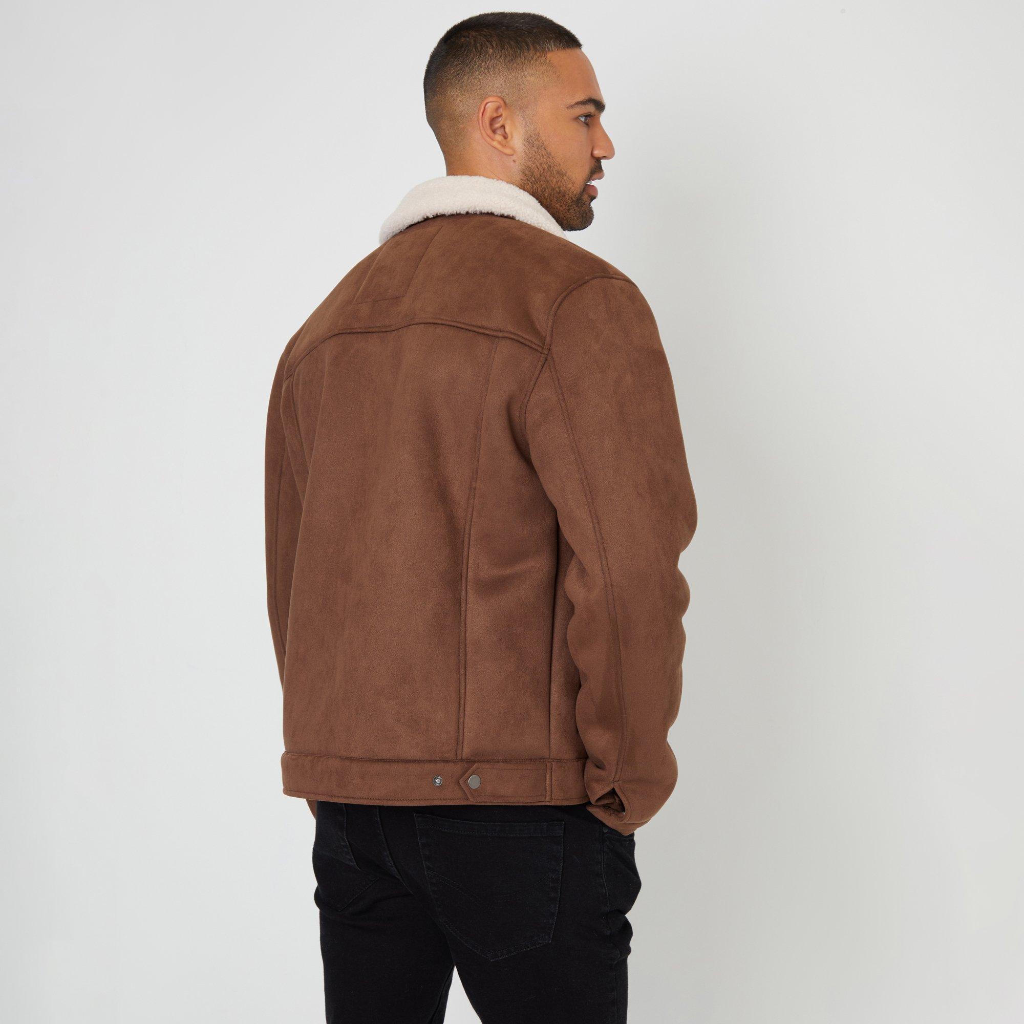 Taupe - Threadbare - Men's Faux Suede Borg Lined Long Sleeve Aviator Jacket - 2