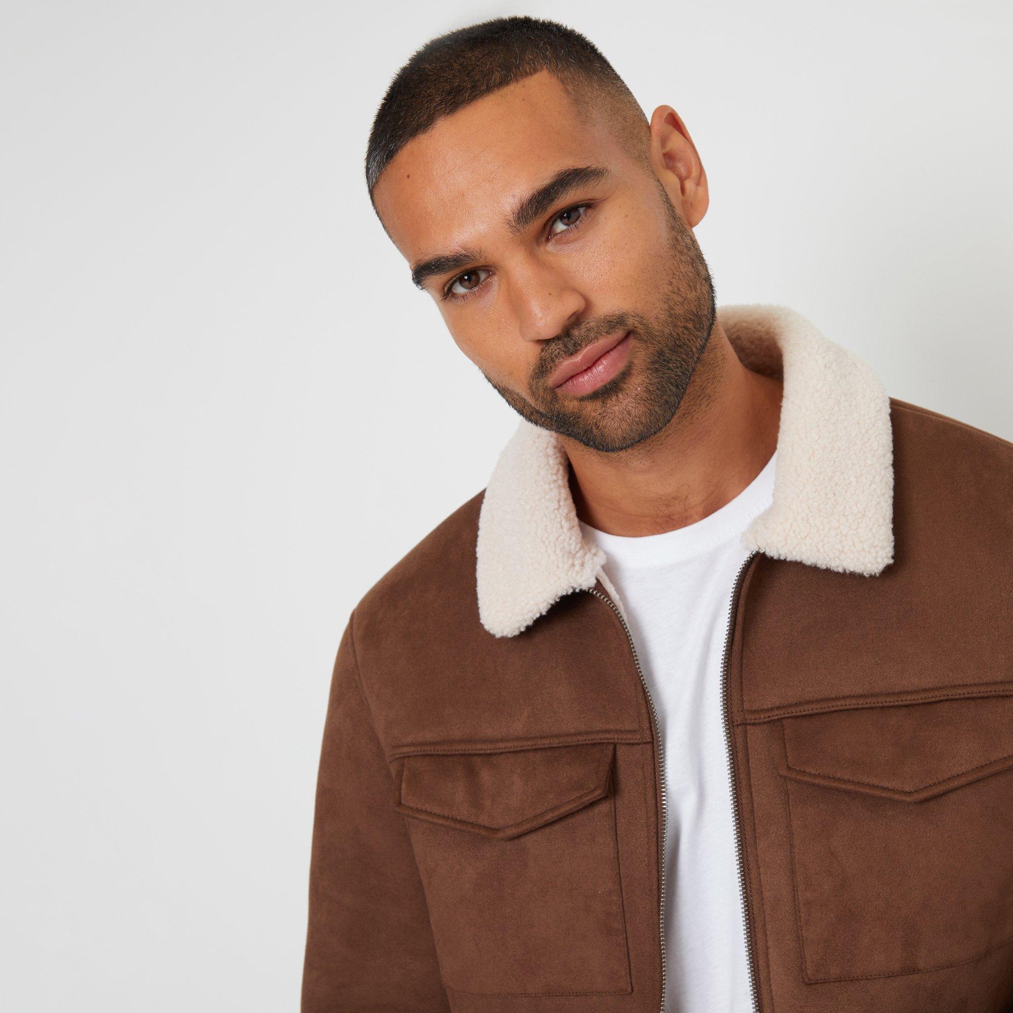 Taupe - Threadbare - Men's Faux Suede Borg Lined Long Sleeve Aviator Jacket - 4