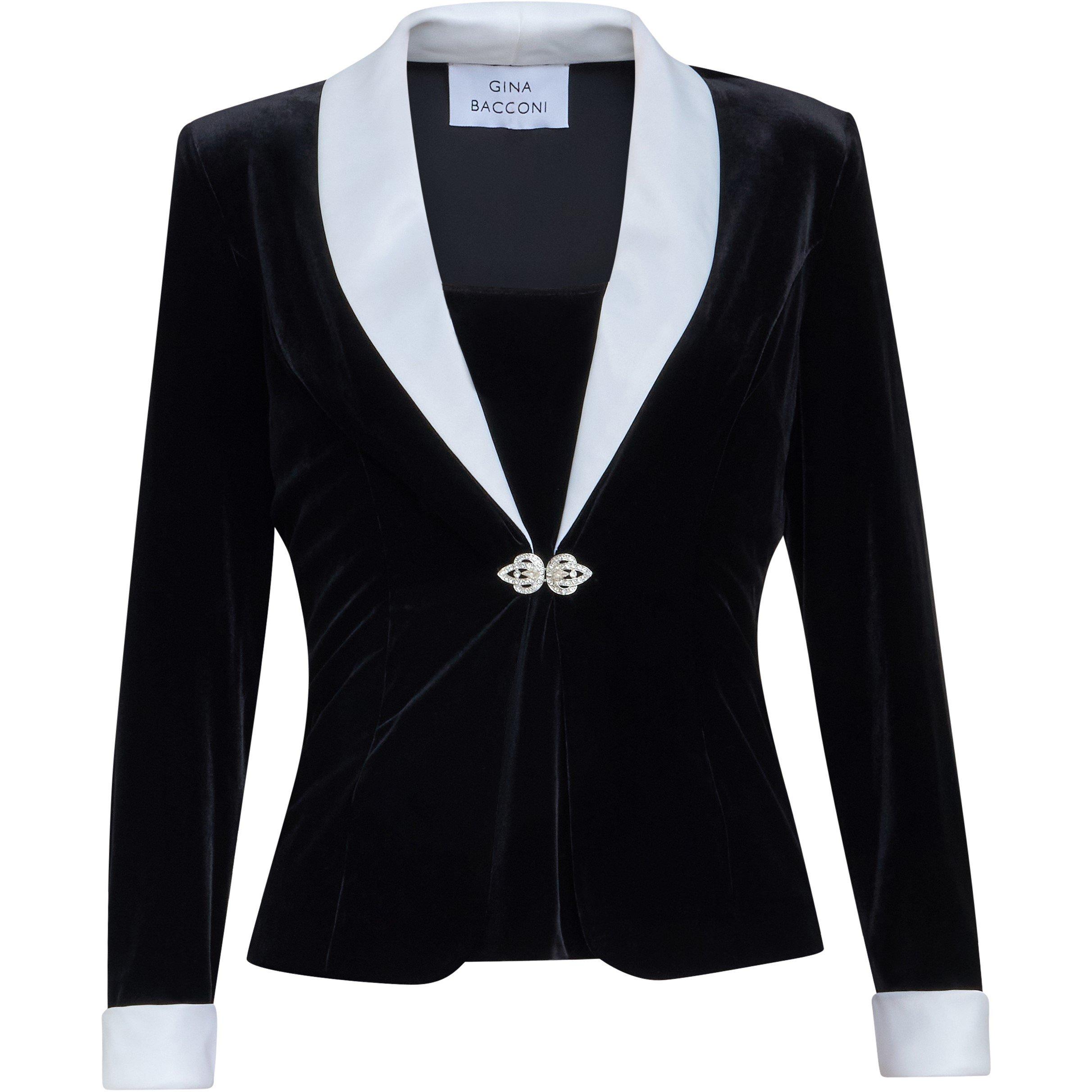 Black / White - Gina Bacconi - Women's Connie Velvet Contrast Satin Collar three quarter Sleeve Twinset - 4