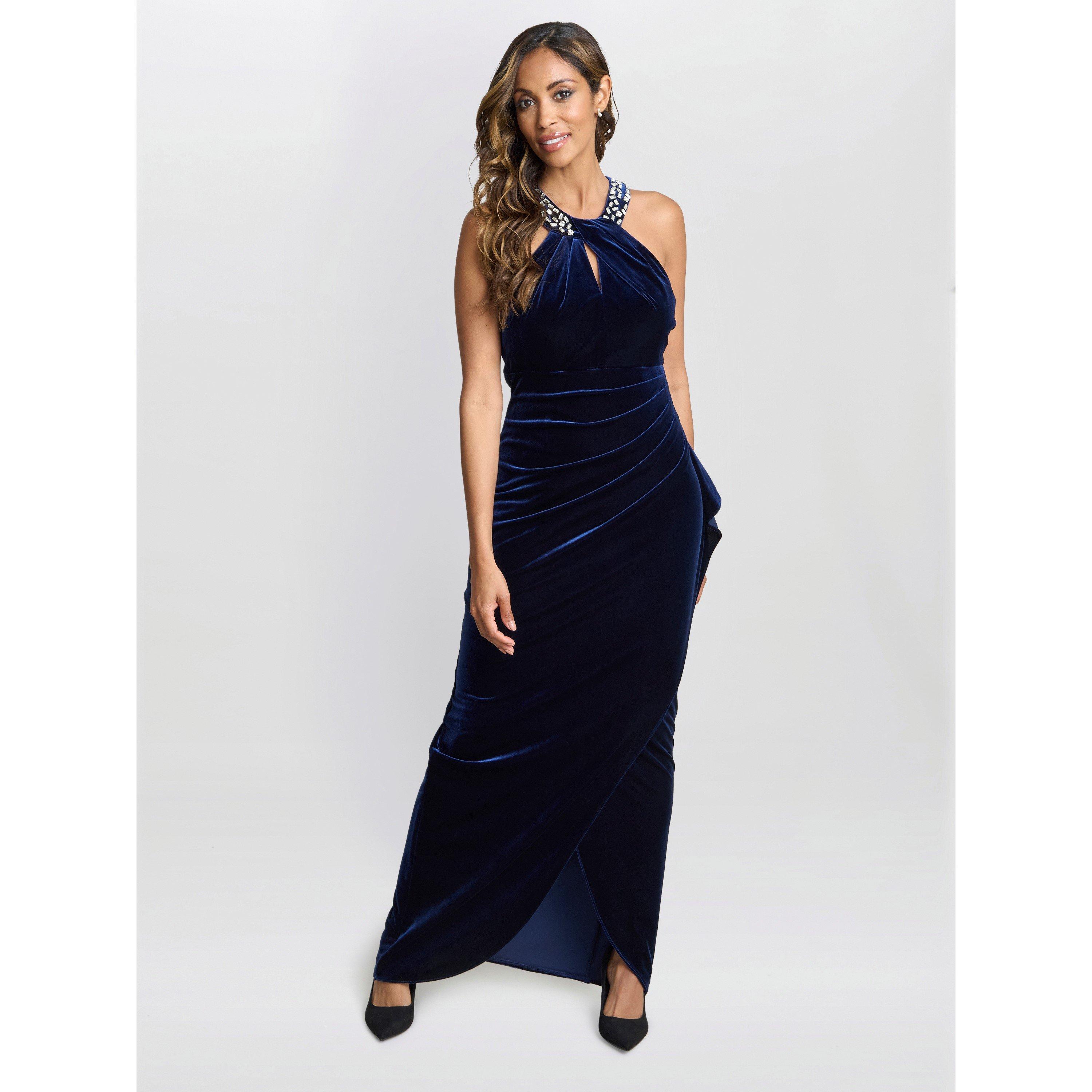 Navy - Gina Bacconi - Naomi Beaded Velvet Halter Maxi Dress - 3