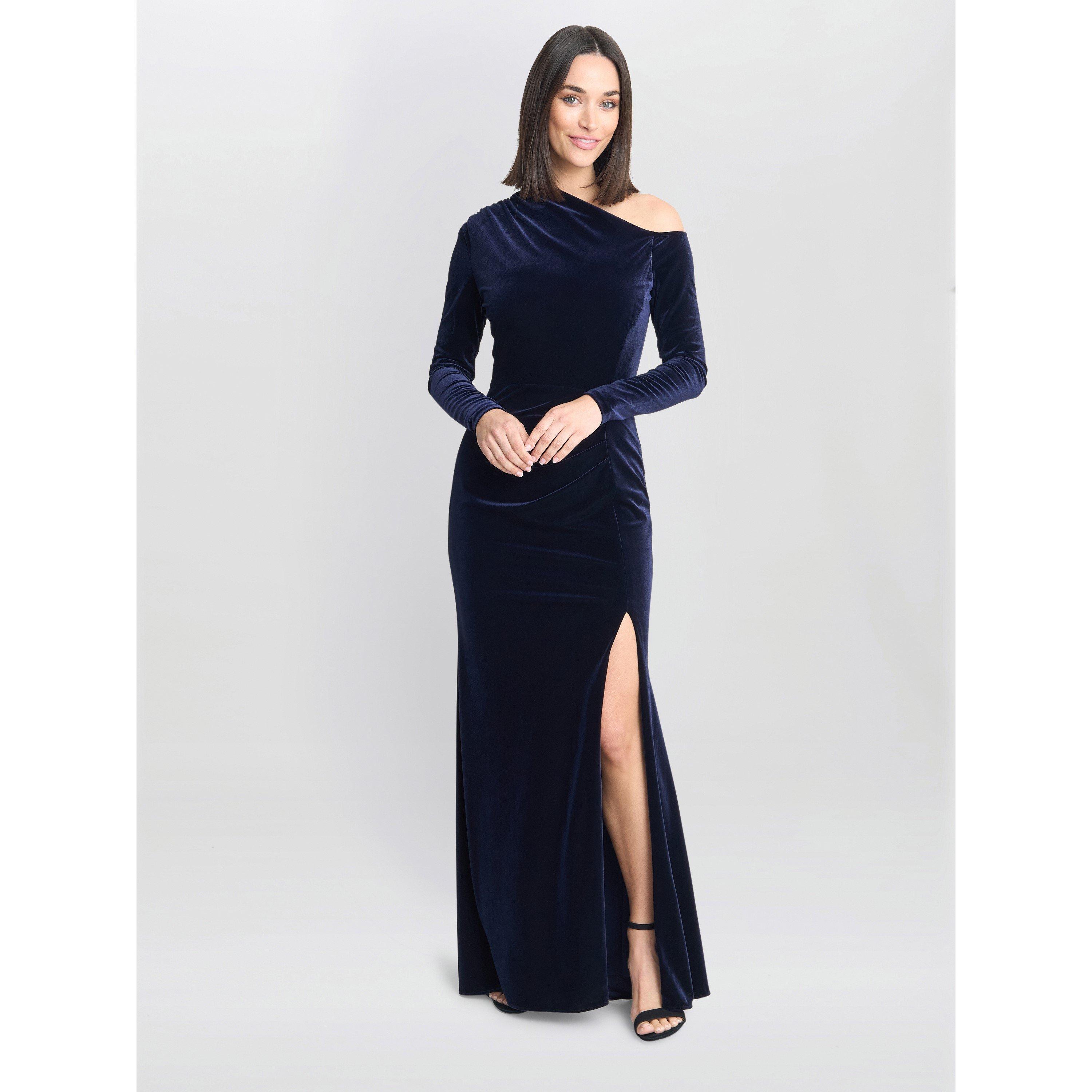 Navy - Gina Bacconi - Tess Velvet Off Shoulder Dress - 3