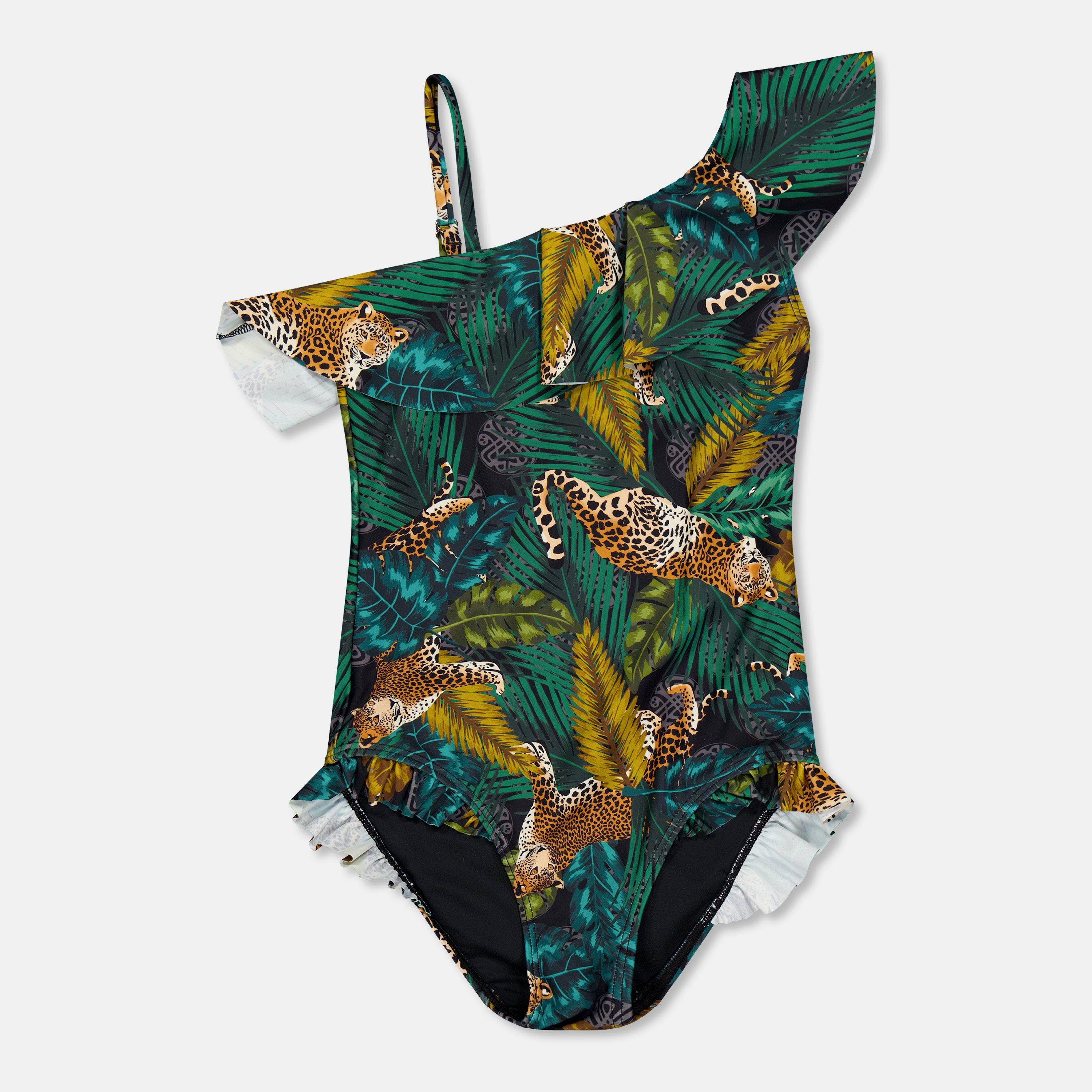 Biba Girls Kids' Frill Short-Sleeve Scoop Neck Swimsuit - Animal Jungle - 9-10 (M)