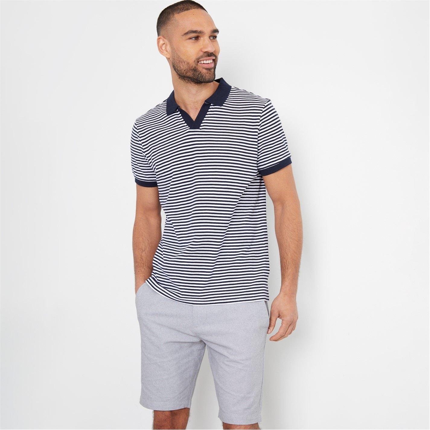 Navy - Threadbare - Open Collar Striped Pique Polo Shirt - 1