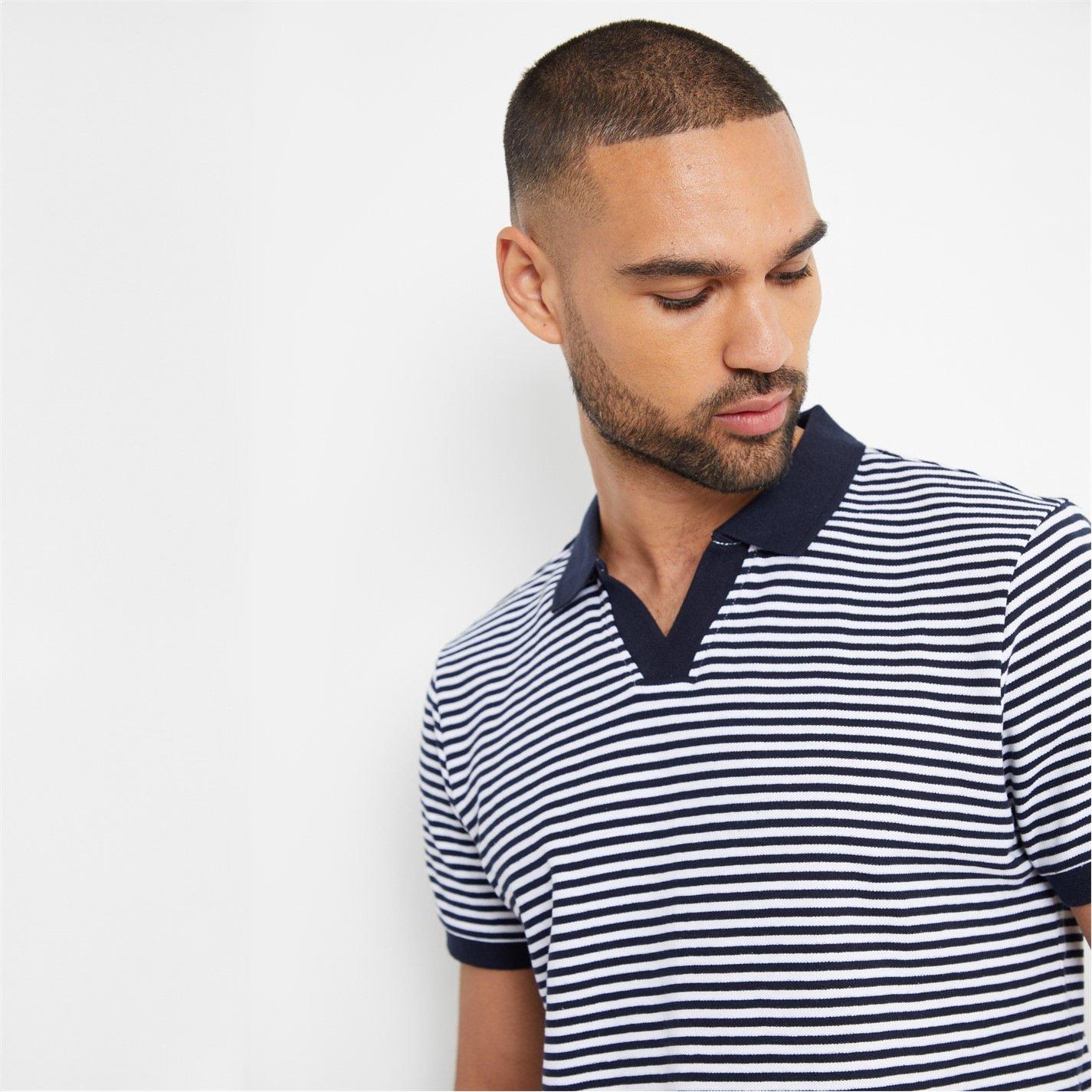 Navy - Threadbare - Open Collar Striped Pique Polo Shirt - 3